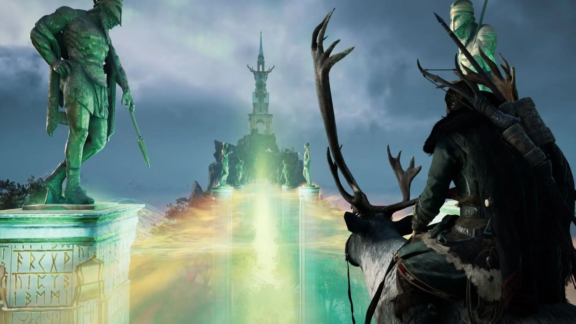 Eivor cưỡi trên cây cầu trong Assassin's Creed Valhalla, đại diện thế giới mở lịch sử hoành tráng