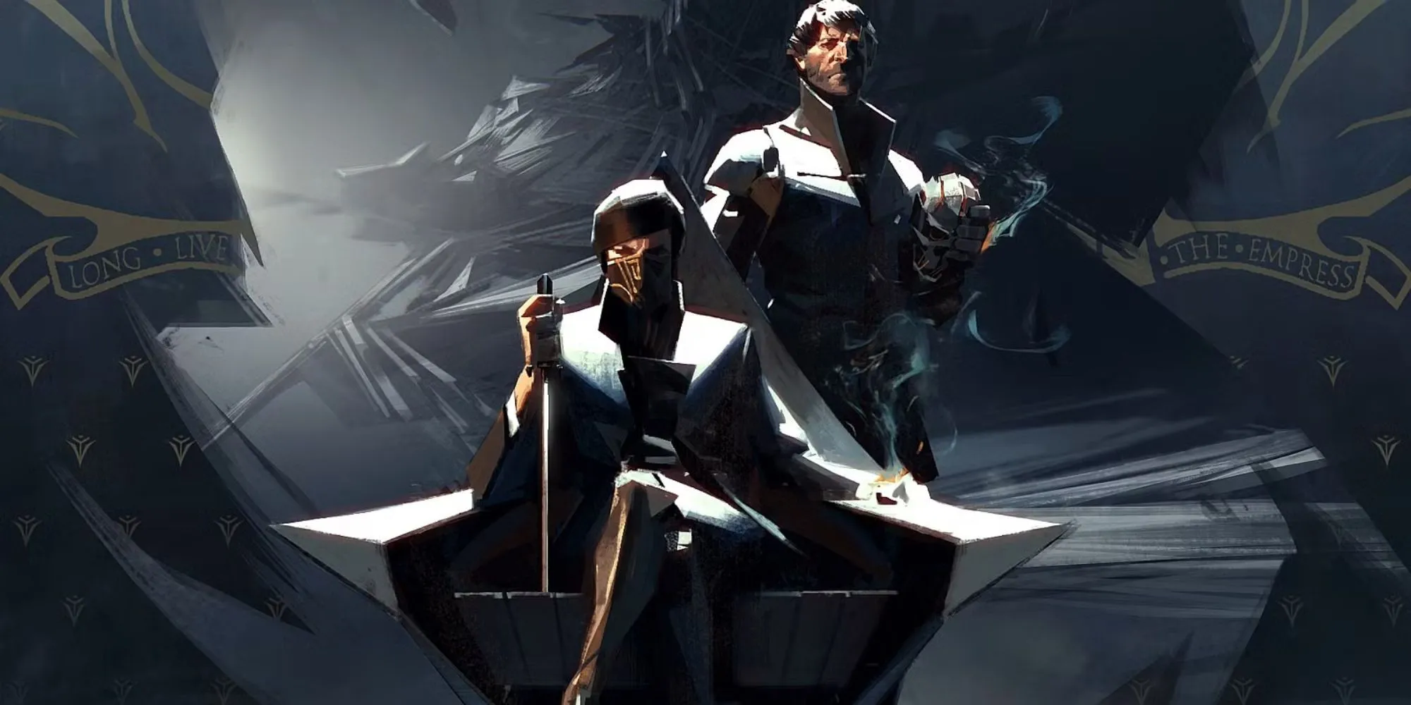 Emily và Corvo đối mặt trong thế giới Dishonored 2, thể hiện phong cách gameplay khác biệt