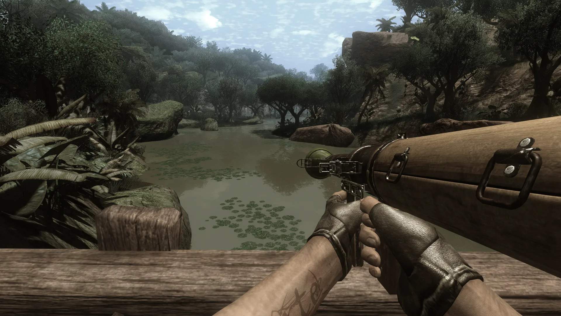Far Cry 2 cảnh quân địch tuần tra và giao tranh trong môi trường hoang mạc