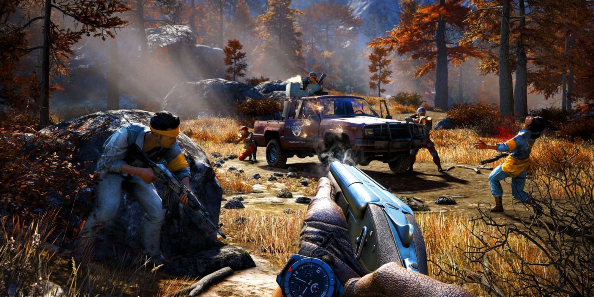 Far Cry 4 - minh họa bối cảnh đa dạng và nhân vật đối đầu với lãnh đạo địa phương