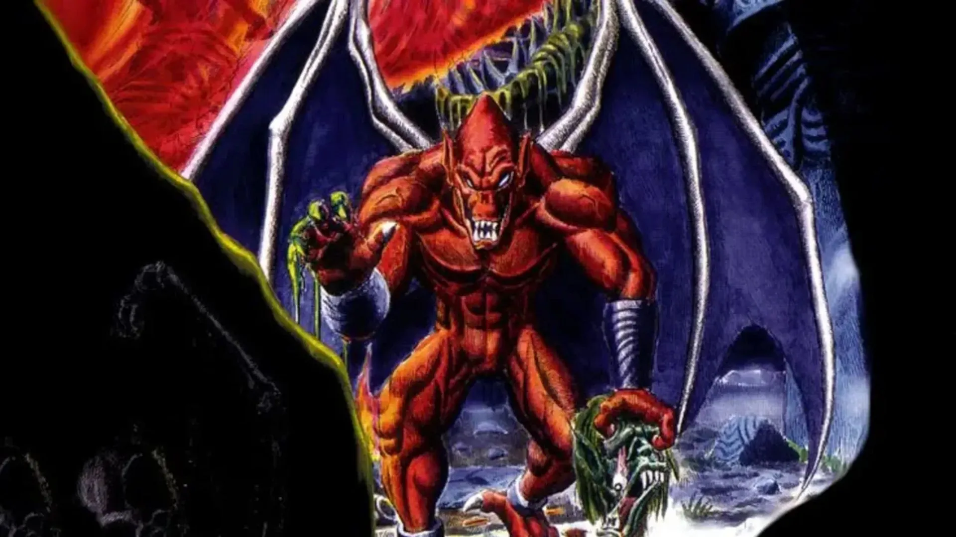 Firebrand cất cánh và sử dụng năng lực lửa trong Demon's Crest trên SNES