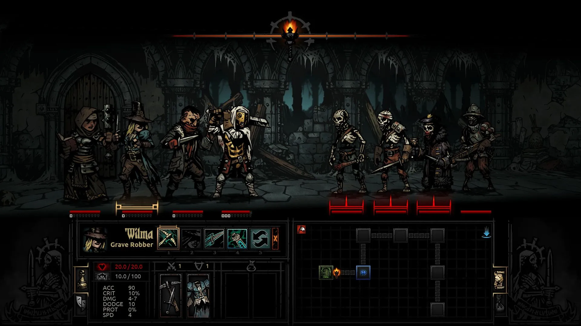Giao diện căng thẳng và phong cách nghệ thuật gothic của Darkest Dungeon, nơi stress là một cơ chế trọng yếu