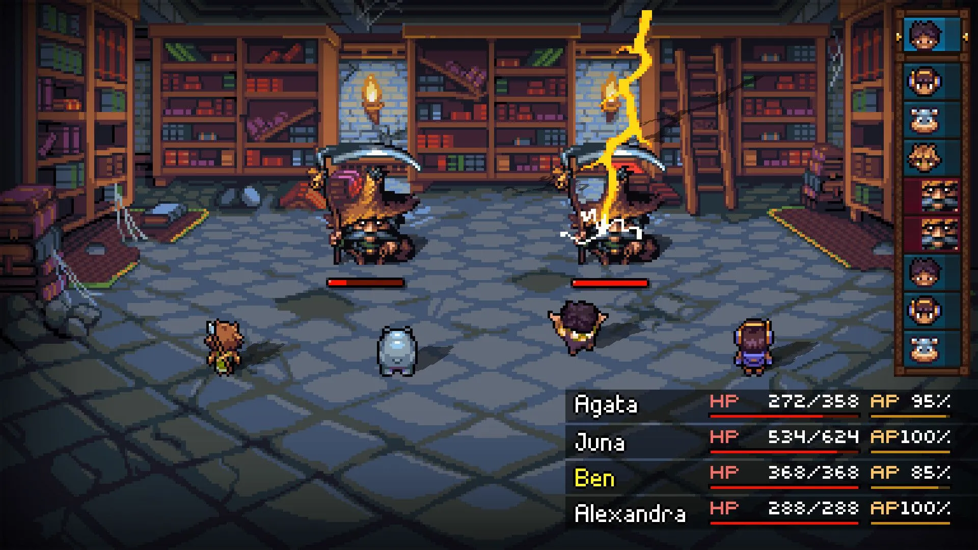 Giao diện chiến đấu theo lượt của Quartet - screenshot gameplay retro, liên quan đến cài đặt phụ đề và đối thoại