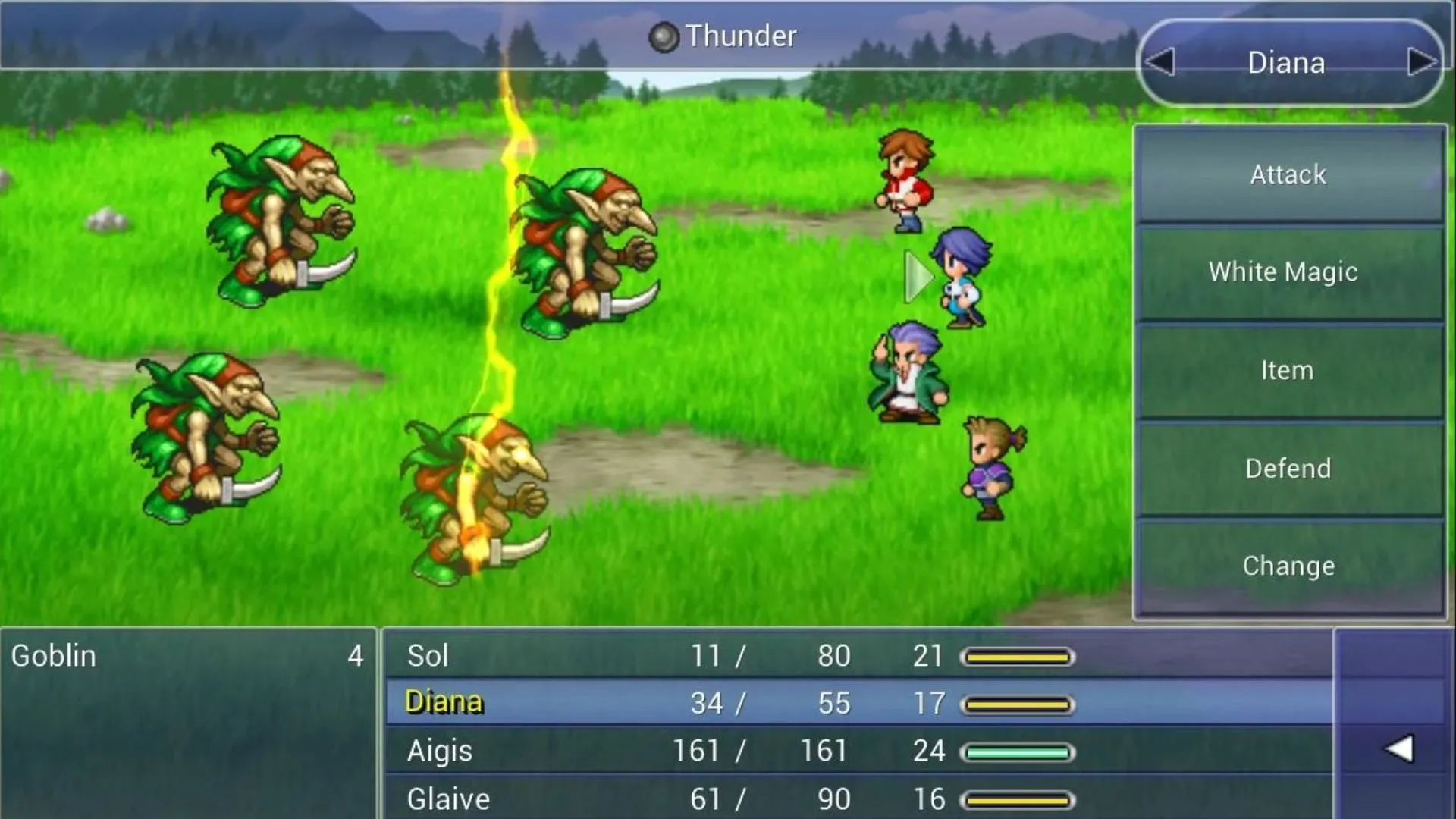 Giao diện chiến đấu và hệ Job trong Final Fantasy Dimensions, thể hiện hai phe Light và Darkness