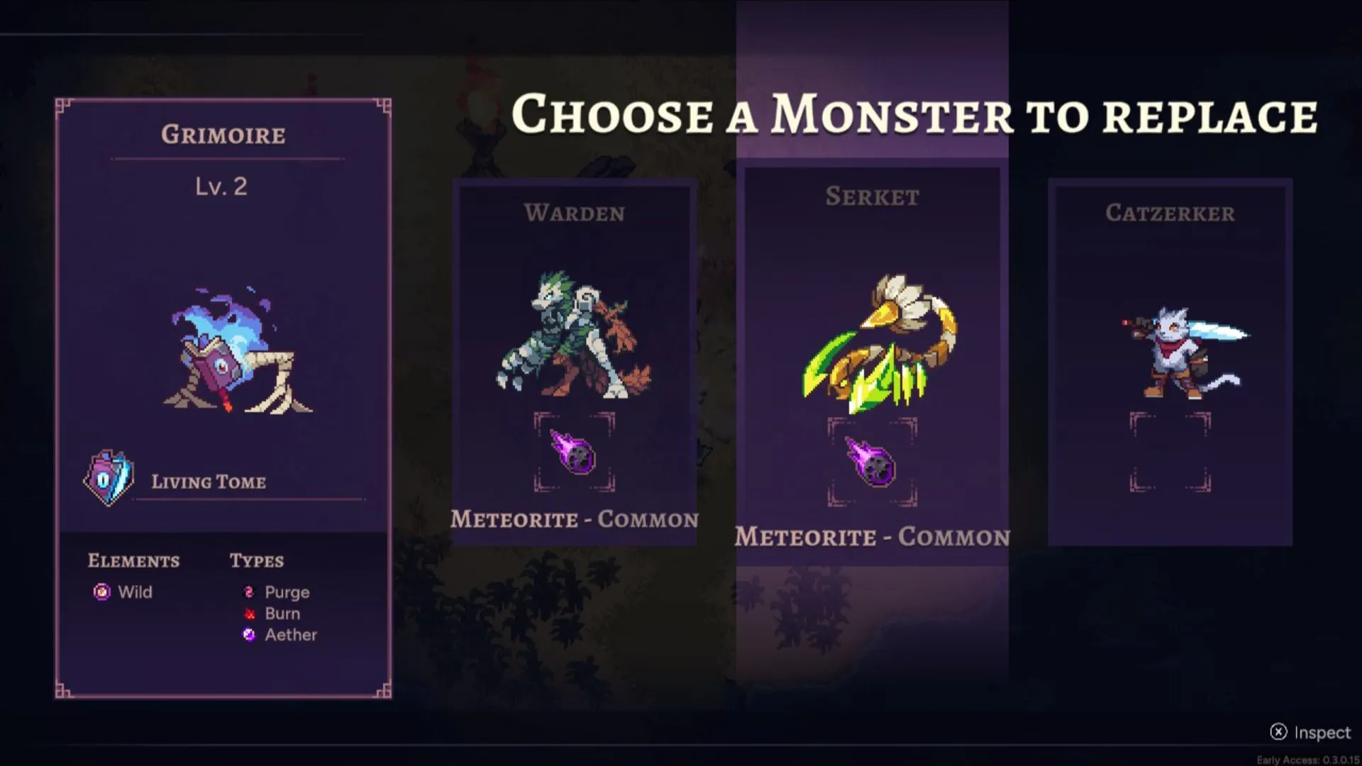 Giao diện chọn quái trong Aethermancer trên Steam Deck, hiển thị thông số và tùy chọn thay thế