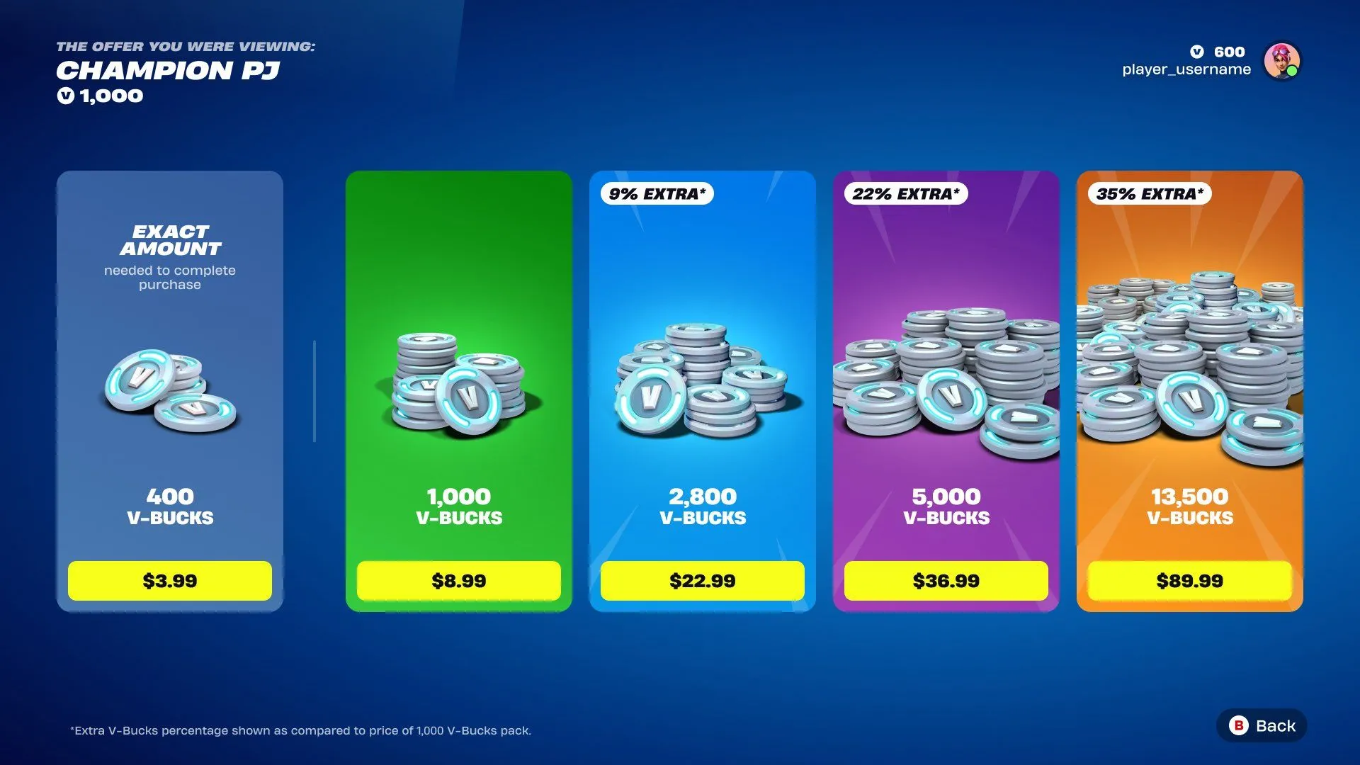 Giao diện cửa hàng Fortnite thông báo V-Bucks 'Exact Amount' không có trên PlayStation