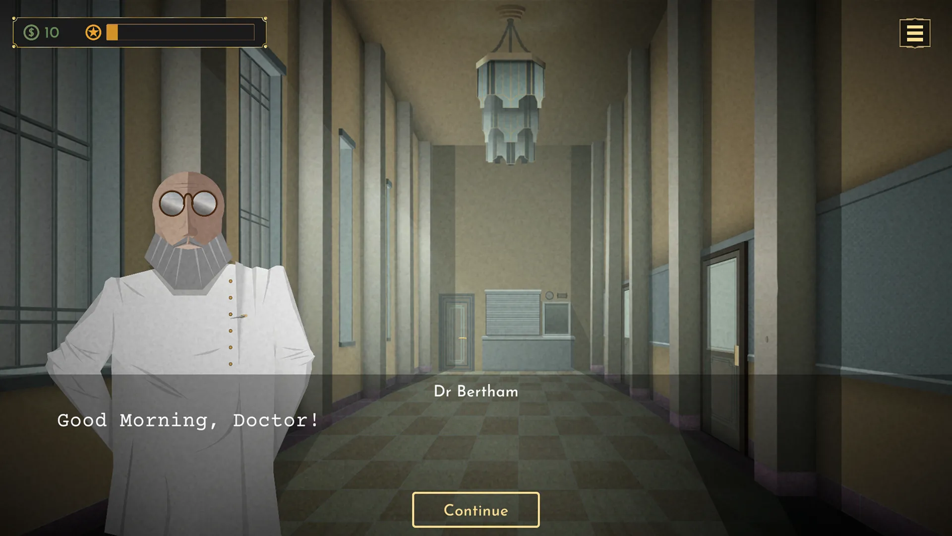 Giao diện đầu game Sanatorium phong cách những năm 1920, menu và nhạc nền cổ điển