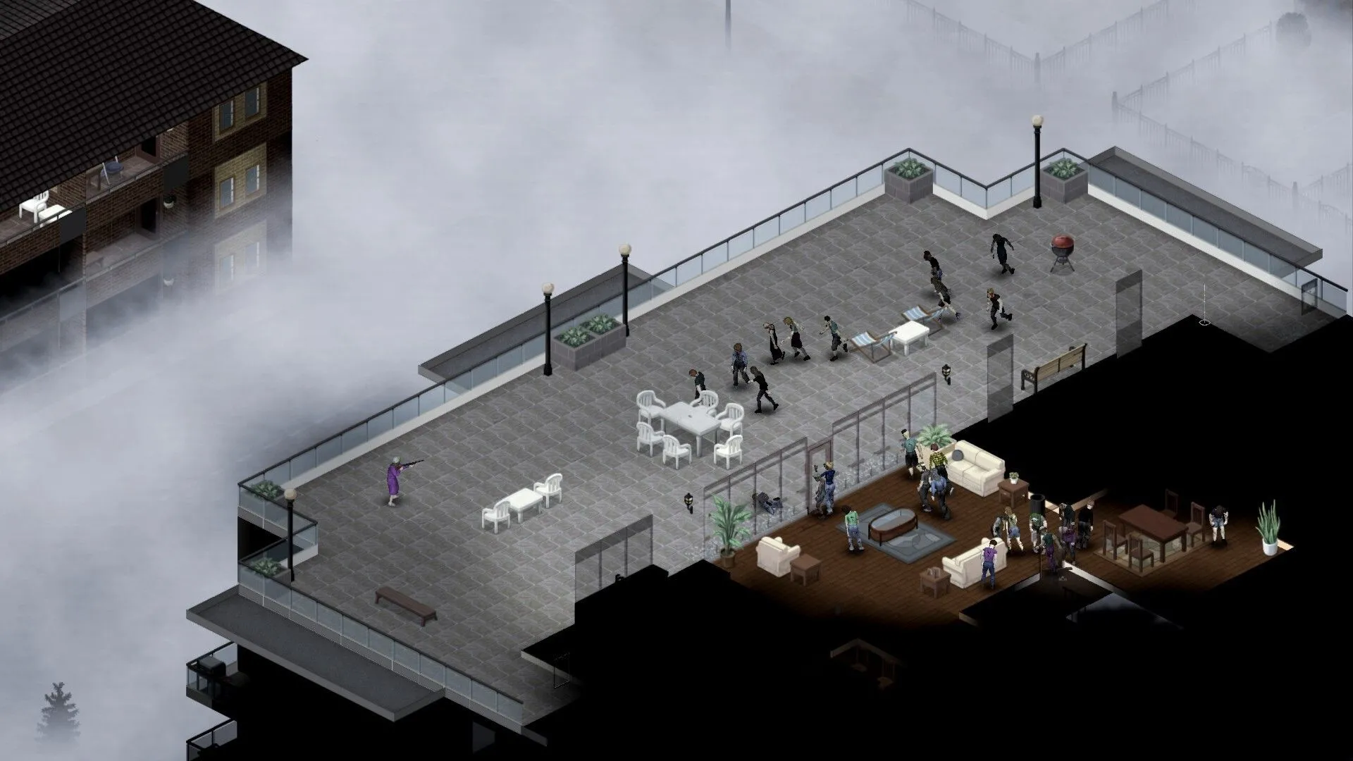Giao diện gameplay Project Zomboid — zombie kiên trì, tạo áp lực liên tục lên người sống