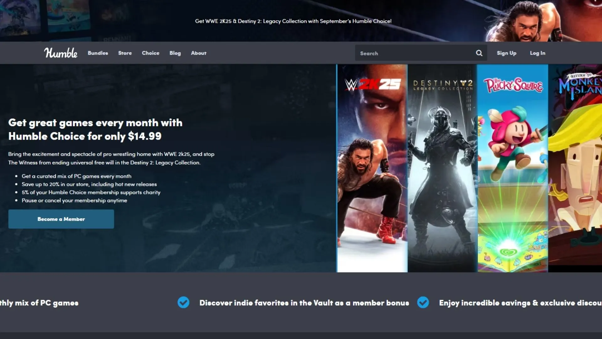 Giao diện Humble Choice với các gói game lựa chọn hàng tháng