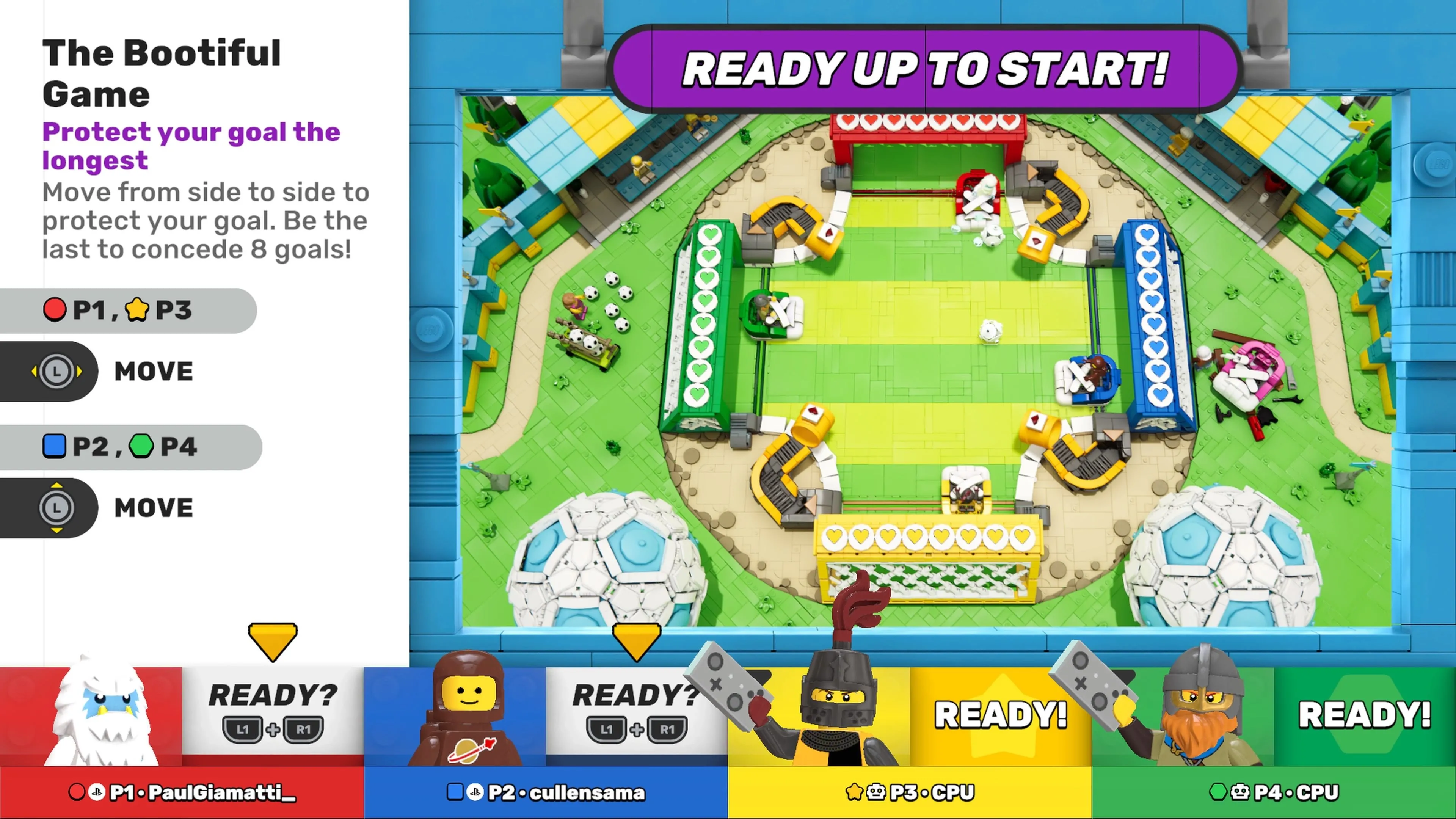 Giao diện mini-game LEGO Party, 1v1v1v1 với đồ họa gạch LEGO rực rỡ