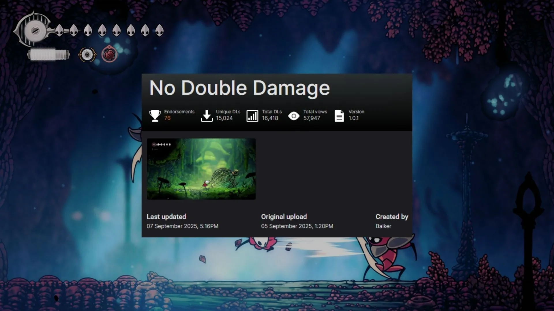 Giao diện mod Hollow Knight Silksong cho phép giảm độ khó, ví dụ 'No Double Damage' và tùy chỉnh điểm hồi sinh