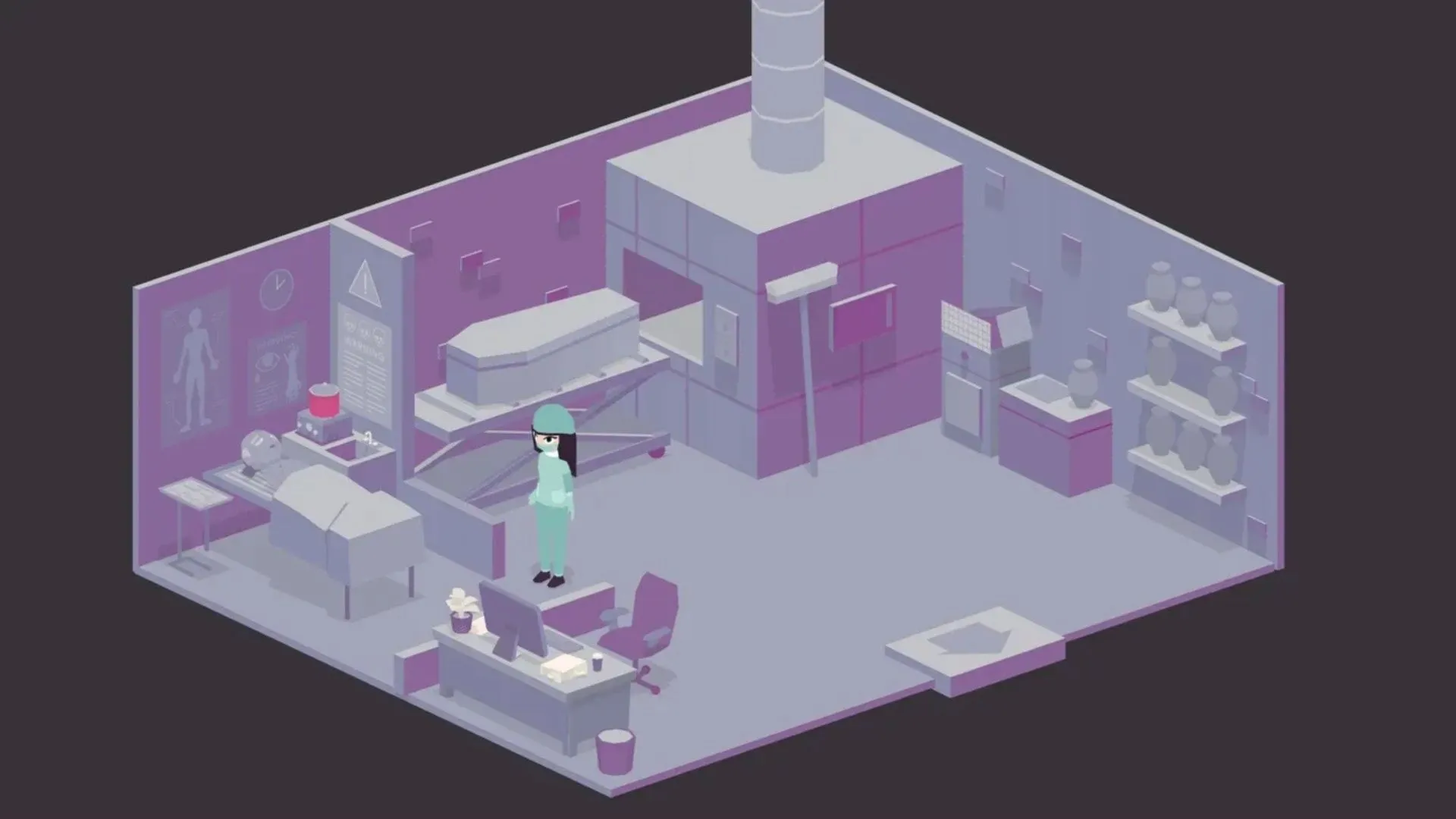 Giao diện tối giản A Mortician's Tale, nhân vật chuẩn bị thi hài và an ủi người thân