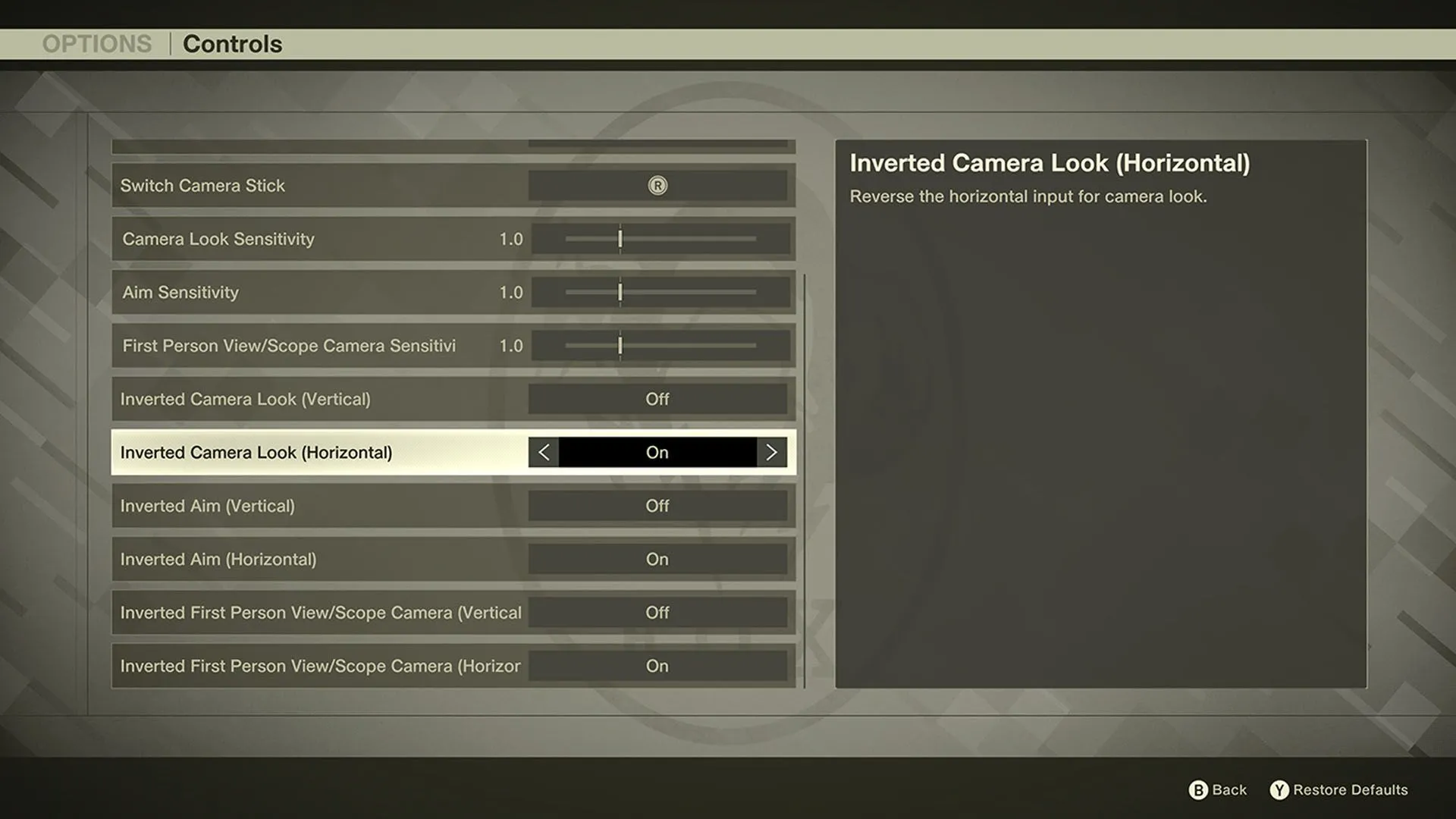 Giao diện tùy chọn camera đảo ngược trong Metal Gear Solid Delta, minh họa tính năng Inverted Horizontal