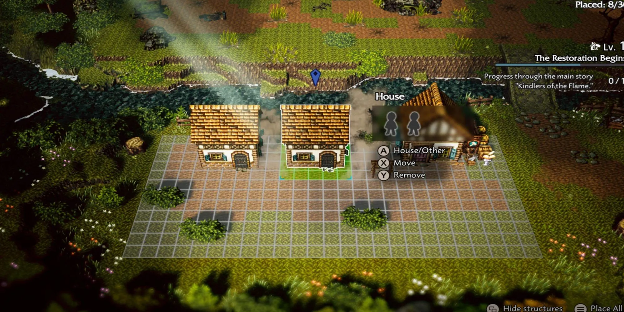 Giao diện xây dựng thị trấn Wishvale trong Octopath Traveler 0, hiển thị các ô đặt công trình và giao diện quản lý