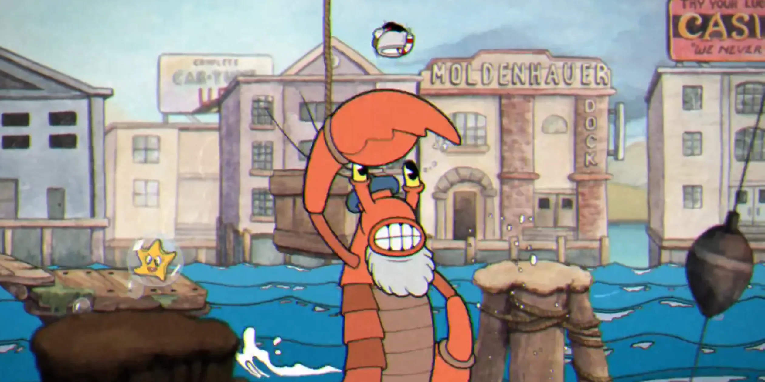 Góc quay Perilous Piers trong Cuphead: nền tảng biến động, kẻ địch và đạn dày đặc