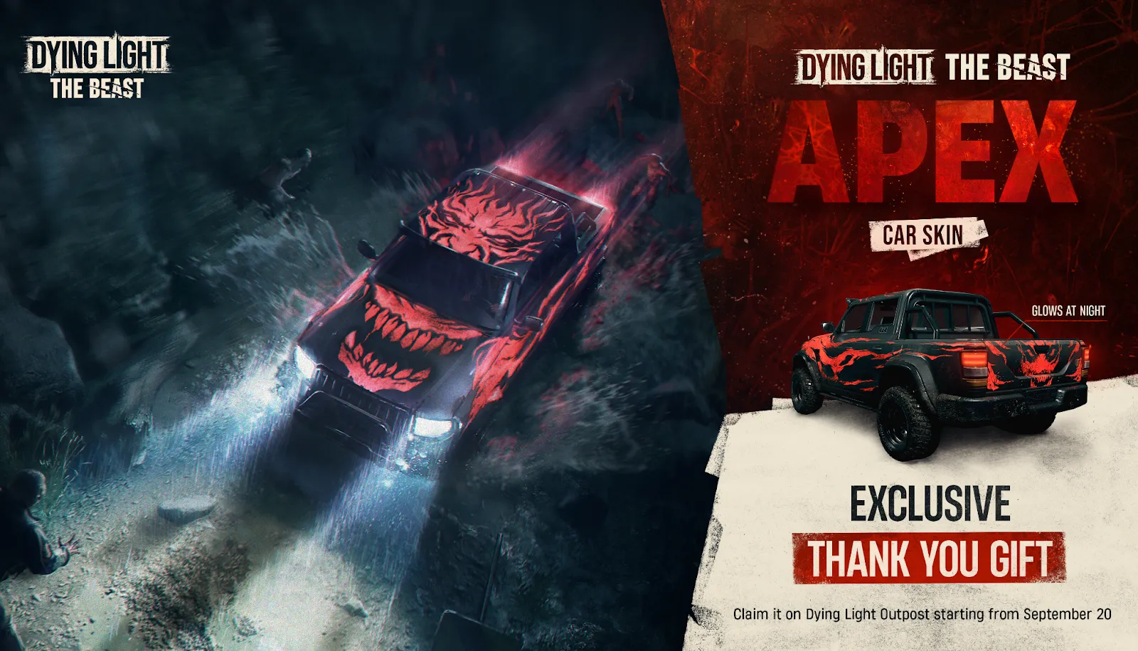 Gói quà Thank You của Dying Light: The Beast gồm APEX Car Skin phát sáng và vật phẩm trang trí khác