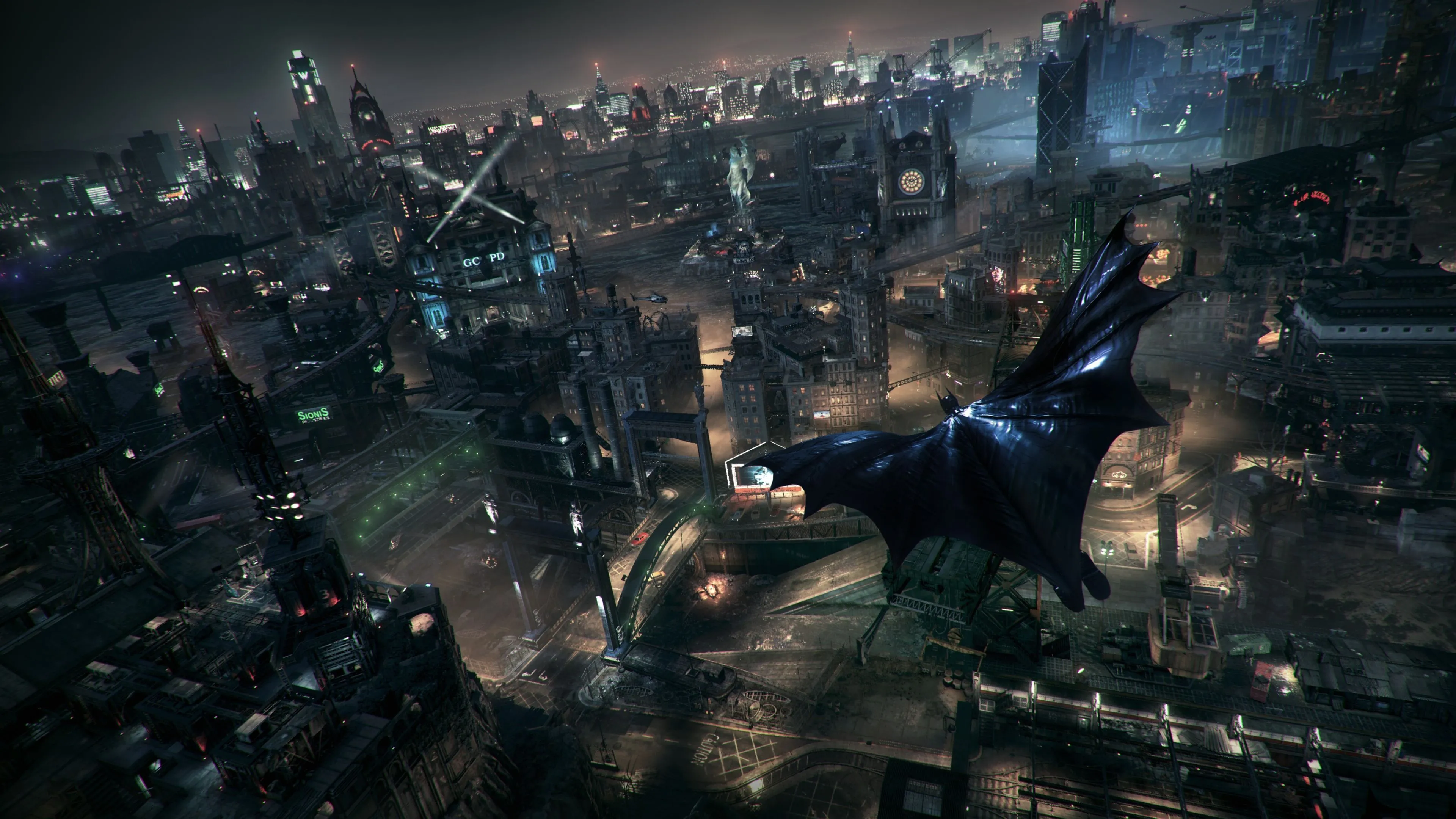 Gotham City trong Batman: Arkham Knight với nhiều tầng mái, phố và hệ thống hầm ngầm