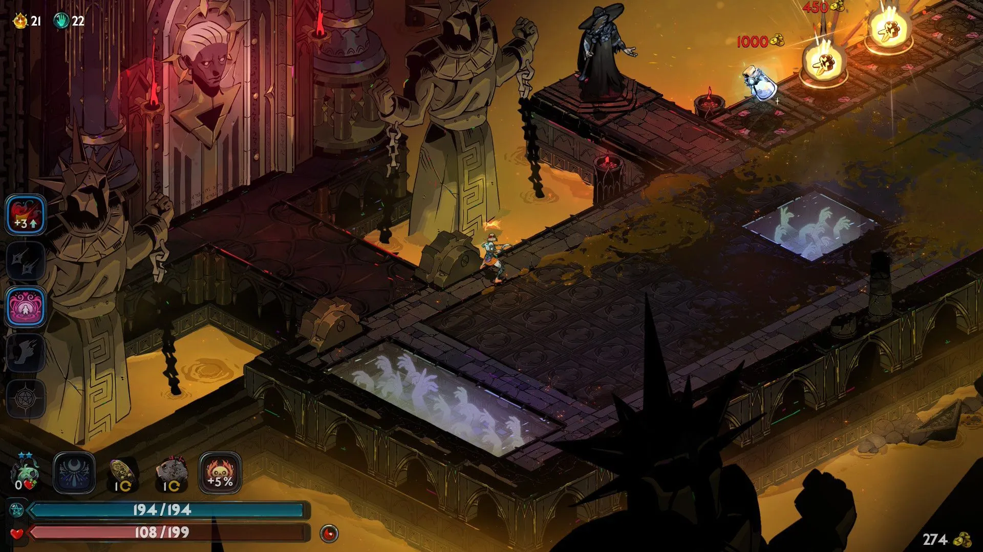 Hades 2 trình bày phòng chơi với chi tiết đồ họa sắc nét, làm nổi bật phong cách nghệ thuật của Supergiant