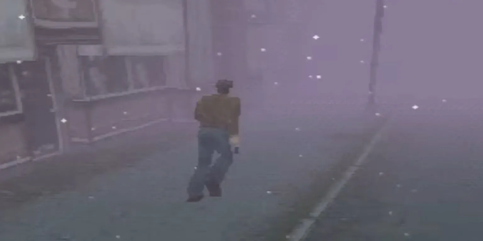 Harry chạy qua thị trấn Silent Hill với sương mù đặc trưng