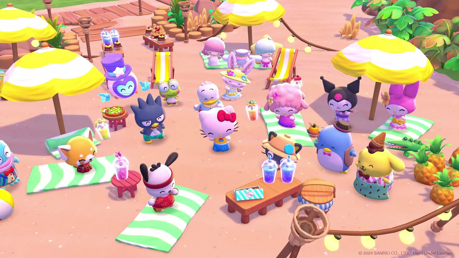 Hello Kitty Island Adventure - cảnh các nhân vật trên đảo và giao diện xây dựng thị trấn