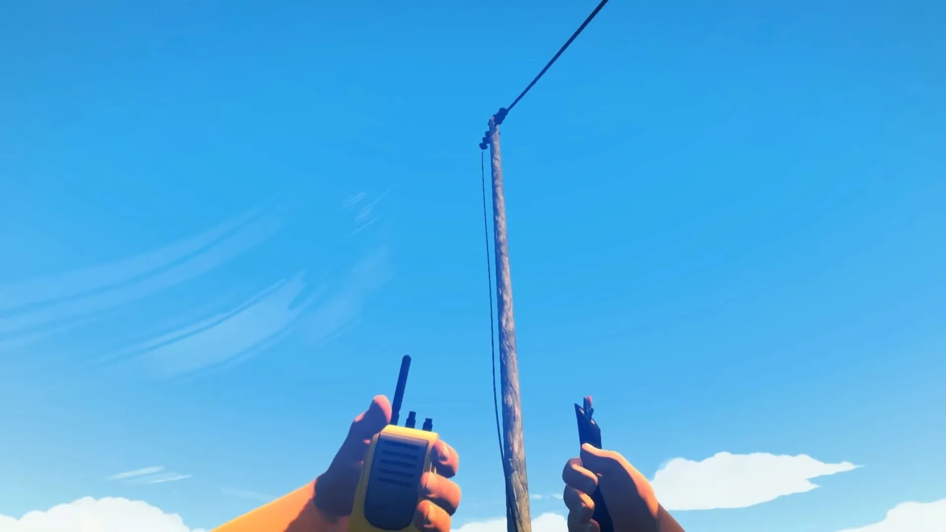 Henry quan sát dây cáp hỏng trong Firewatch, khung cảnh rừng đầy bí ẩn và tương tác nhân vật qua radio