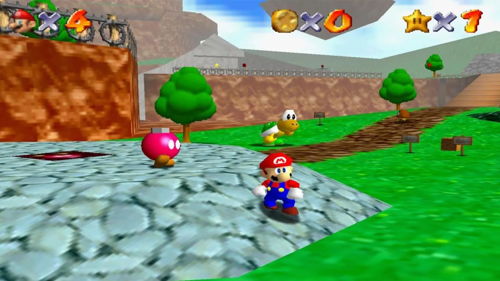 Hình ảnh bìa Super Mario 64, Mario nhảy trong môi trường 3D kinh điển
