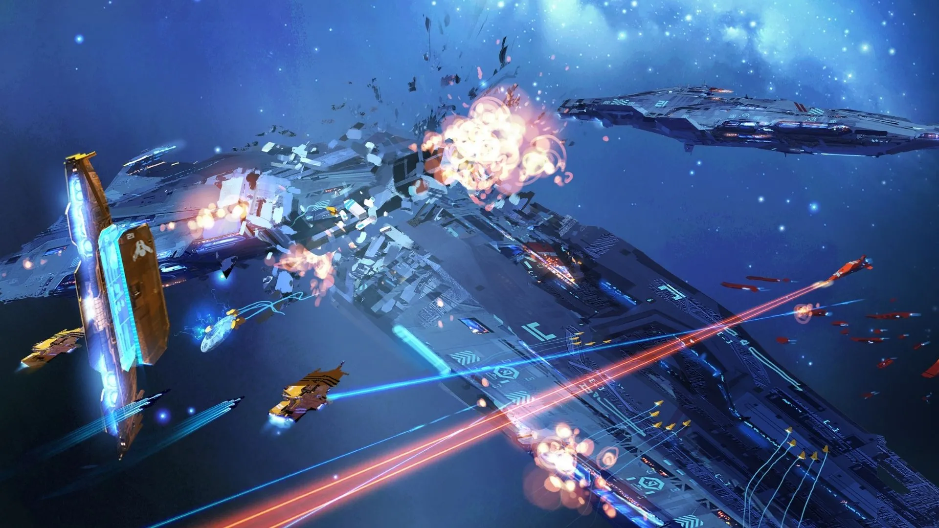 Hình ảnh chiến hạm không gian từ Homeworld 3 trên nền thiết kế giao diện RTS