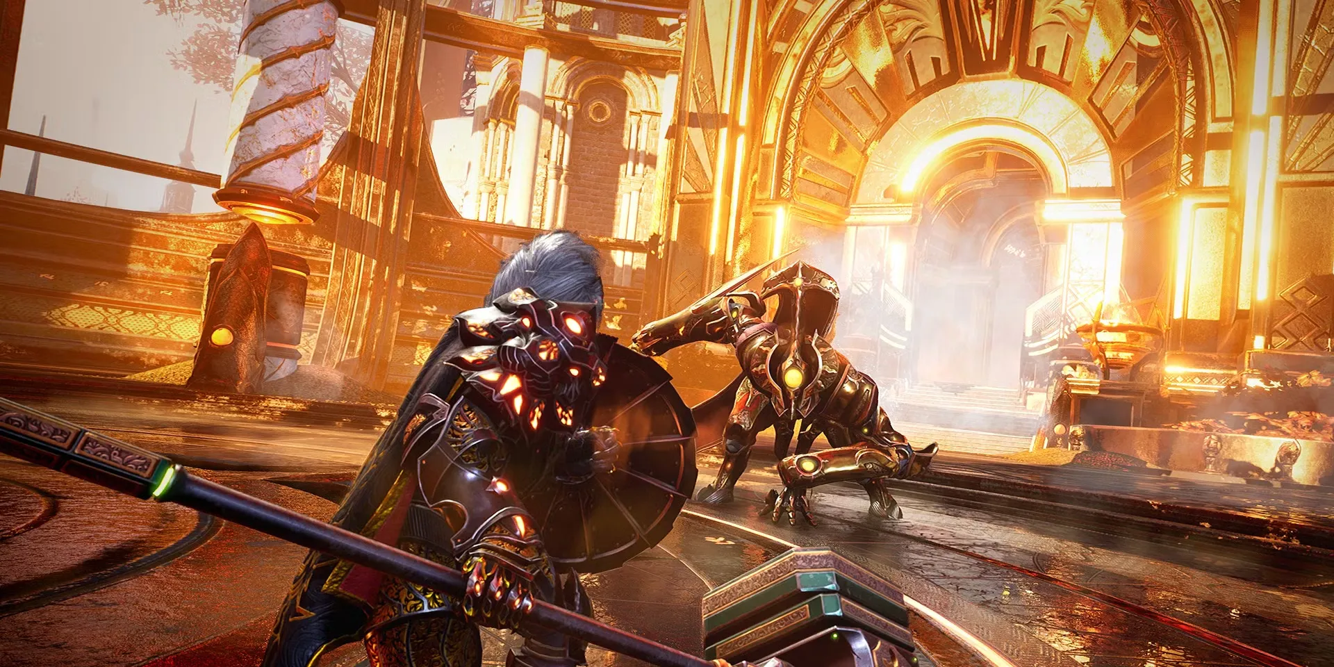 Hình ảnh gameplay của Godfall, nhấn mạnh vào hiệu ứng hình ảnh và hệ thống vũ khí lấp lánh