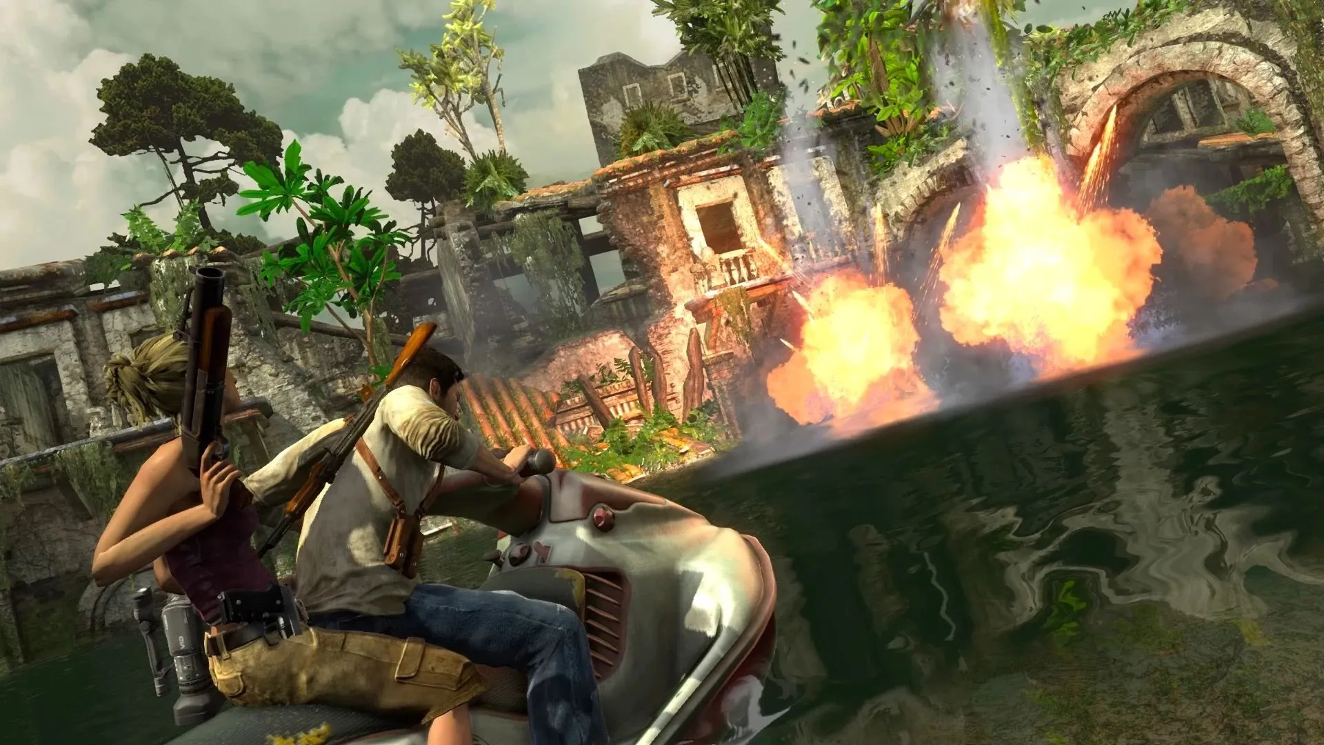 Hình ảnh Nathan Drake trong Uncharted: Drake's Fortune, thể hiện bối cảnh rừng rậm và phong cách điện ảnh của trò chơi