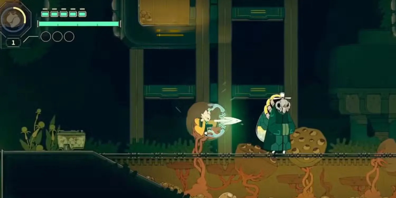 Hình ảnh Nine Sols thể hiện môi trường và kẻ địch robot, sinh vật thử thách kỹ năng né và parry