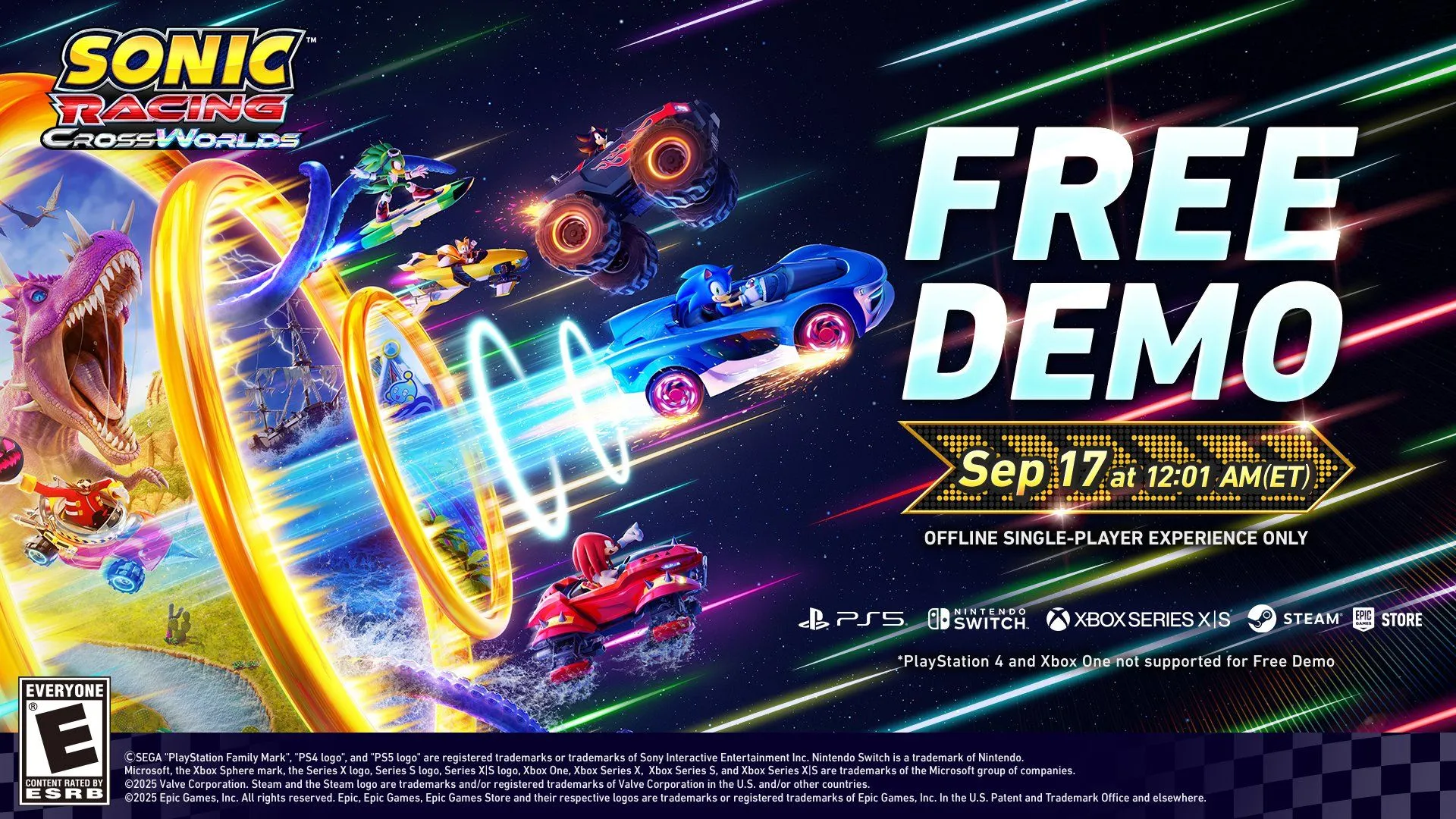 Hình ảnh thông tin về demo Sonic Racing: Crossworlds, minh họa các nền tảng và giao diện demo