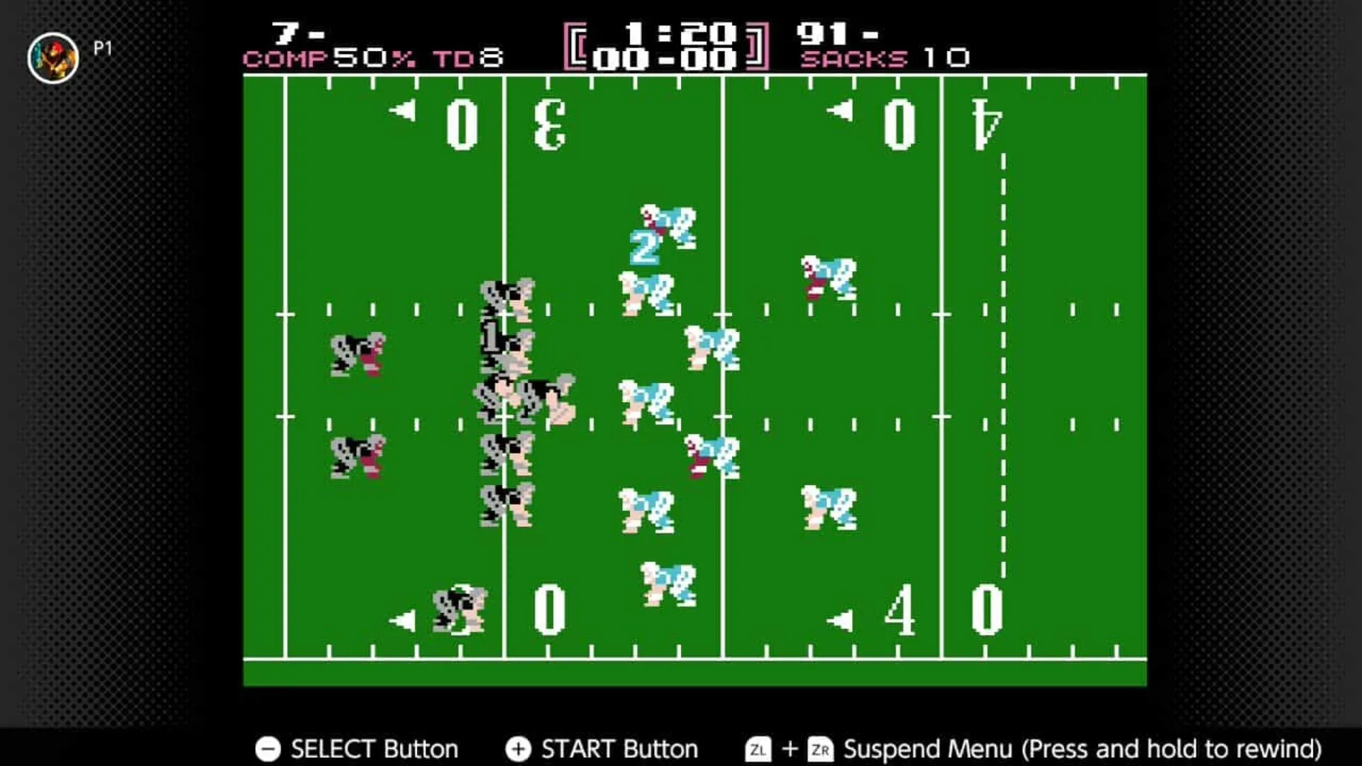 Hình ảnh trận bóng Tecmo Bowl trên NES với hoạt ảnh cầu thủ và sân đơn giản