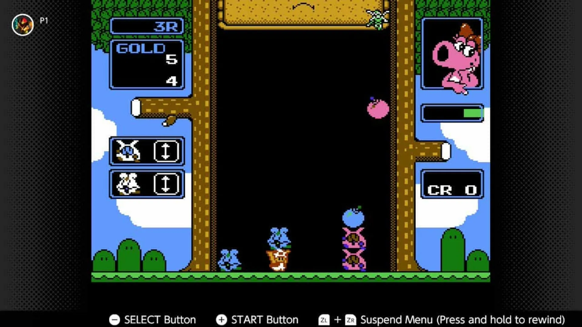 Hình ảnh Wario’s Woods trên NES thể hiện đồ họa 8-bit và nhân vật Toad