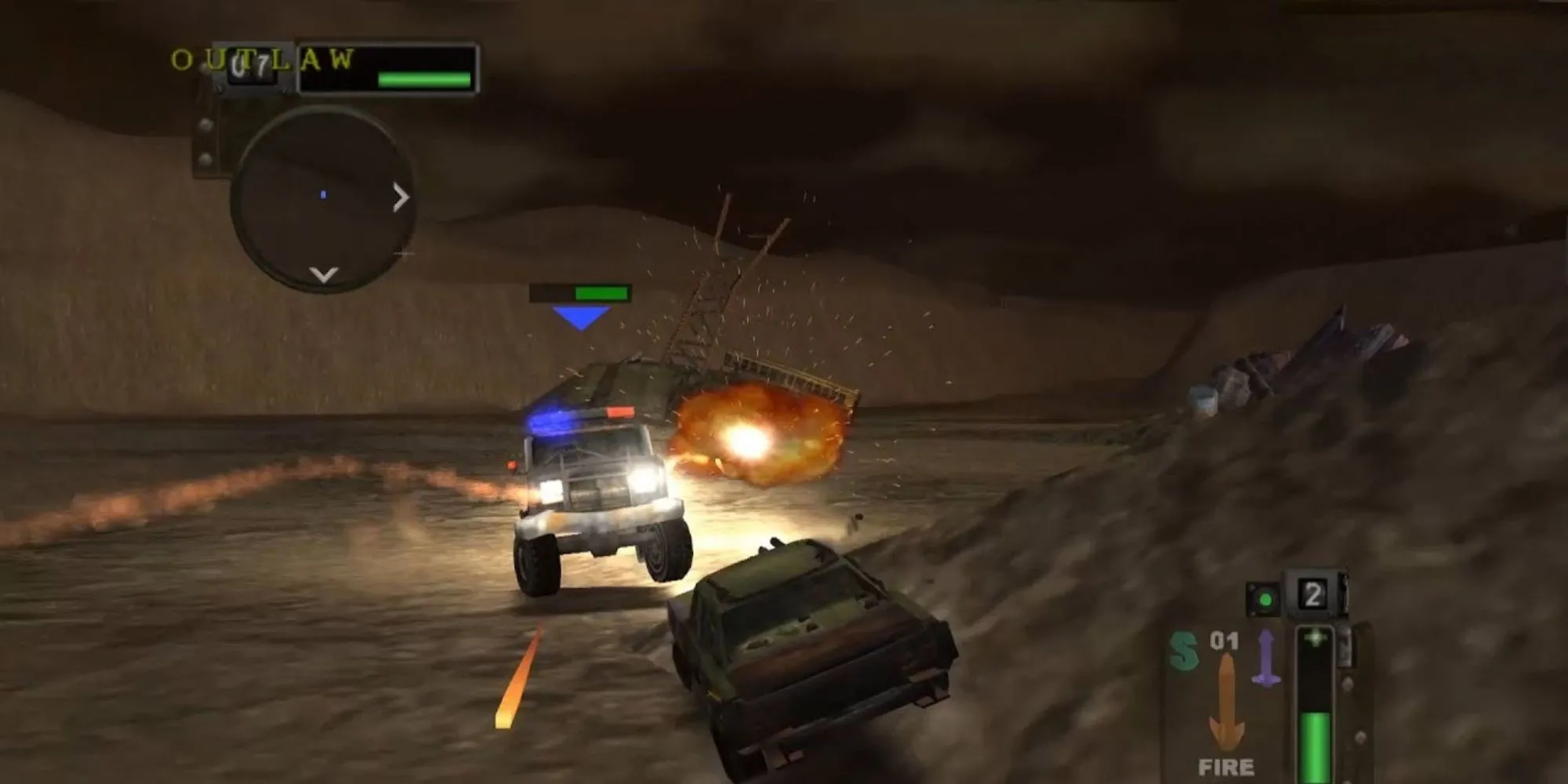 Hình nền gameplay Twisted Metal: Black thể hiện trận hỗn chiến giữa các phương tiện vũ trang trong phong cách tối tăm