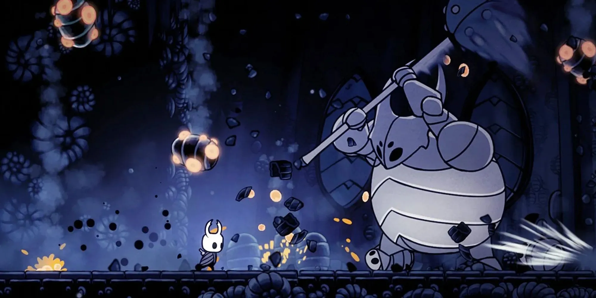 Hình nền Hollow Knight với phong cách vẽ tay u tối và nhân vật chính