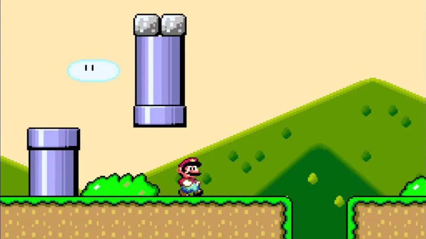 Hình Super Mario World với Yoshi và bản đồ màn chơi đặc trưng, minh họa tính phong phú level của series 2D