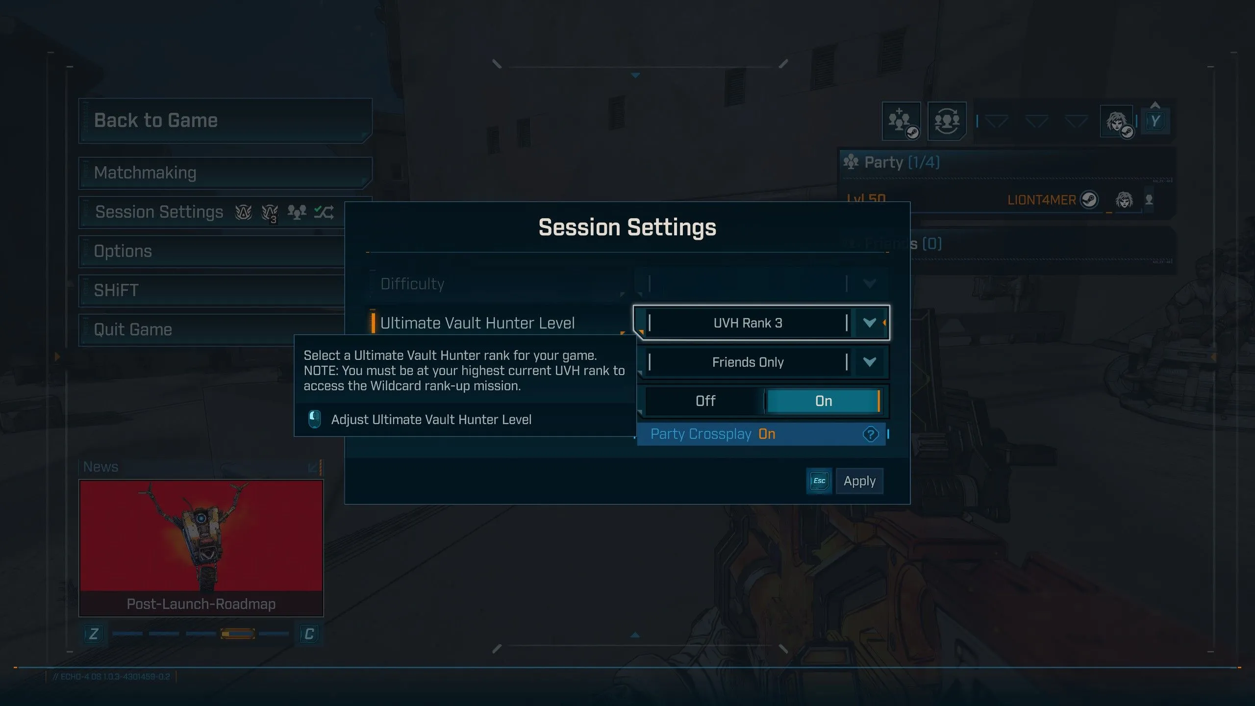 HUD hiển thị chế độ UVH và tùy chỉnh độ khó riêng biệt cho từng người chơi trong Borderlands 4