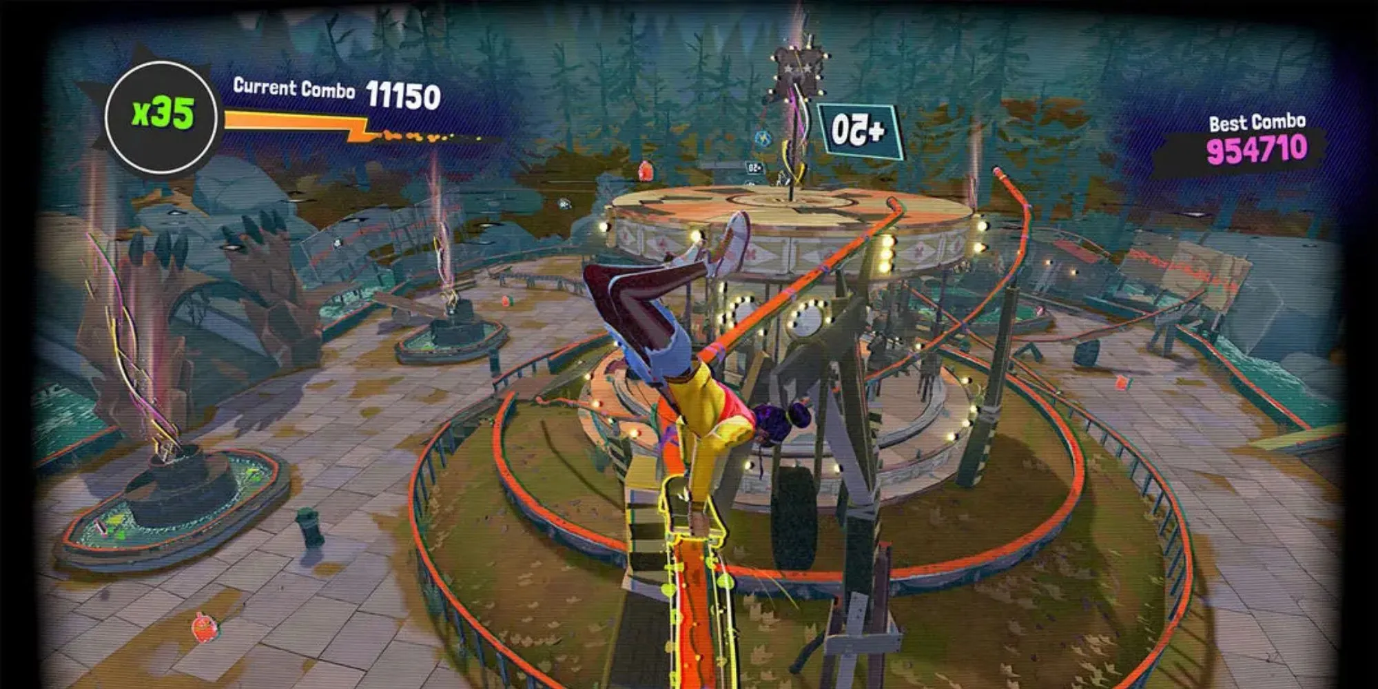 Jala trên sân trượt trong Thirsty Suitors, cảnh gameplay thể hiện tương tác với nhân vật cũ