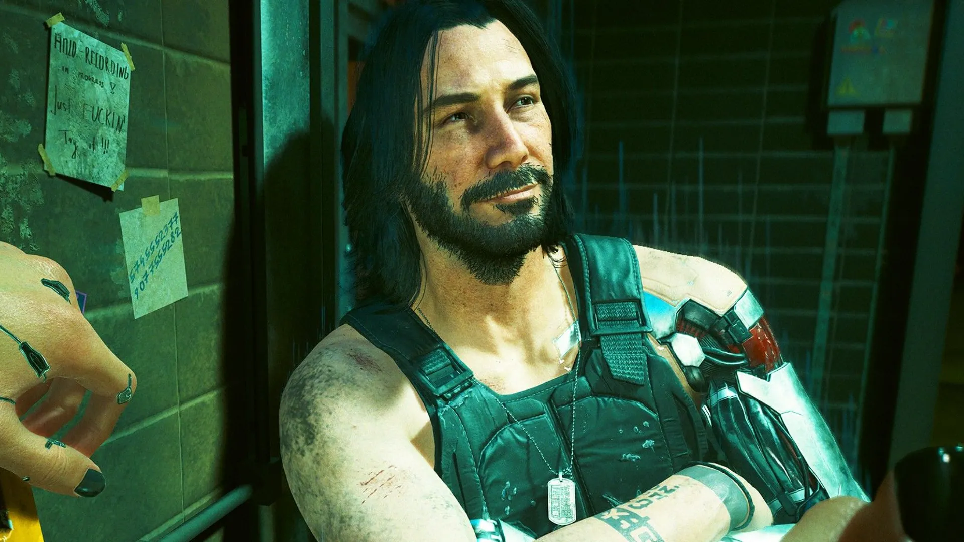 Johnny Silverhand do Keanu Reeves thể hiện, cho thấy mô hình khuôn mặt và trang bị biểu tượng của nhân vật trong Cyberpunk 2077