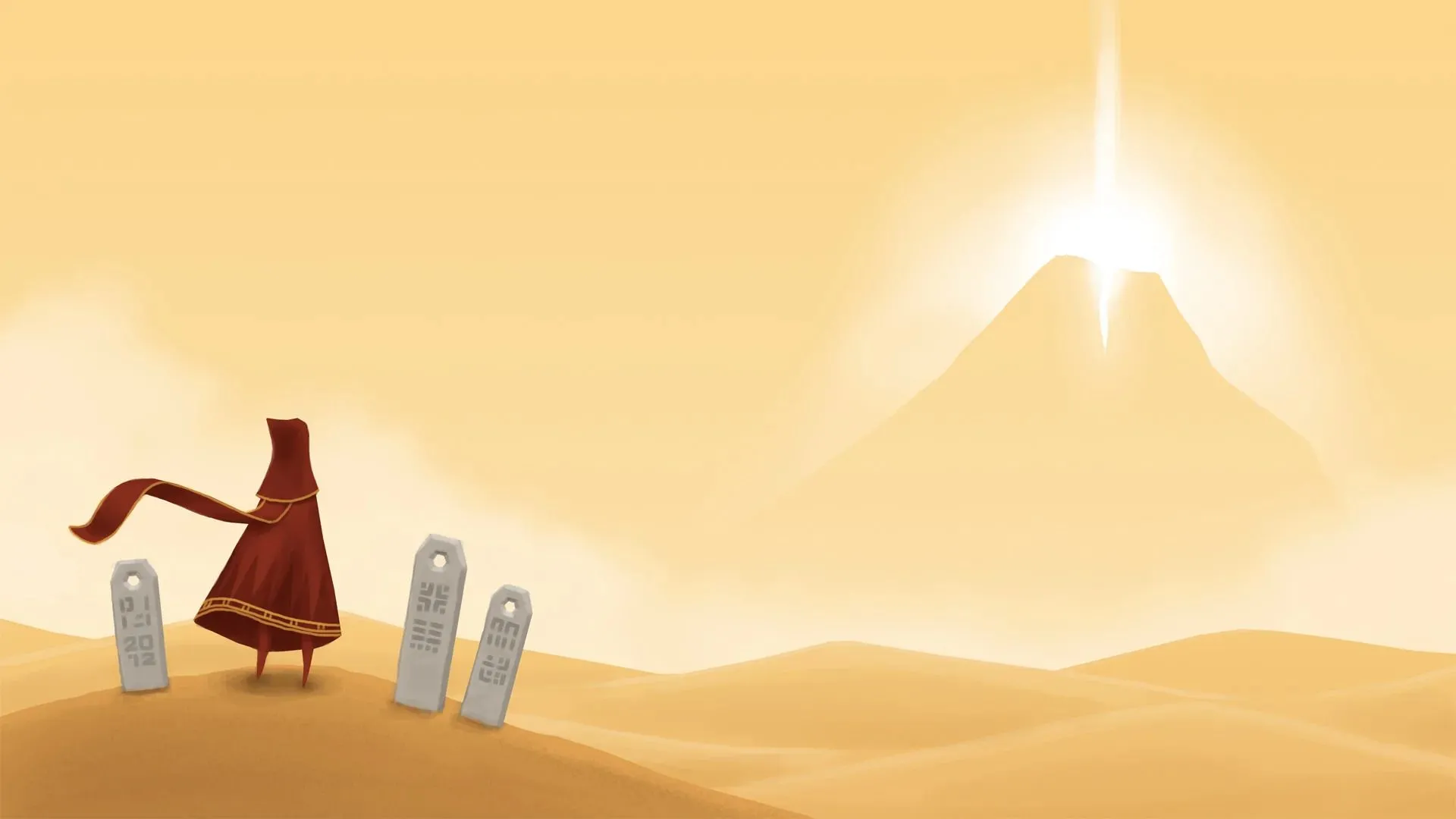 Journey: cảnh hành trình hướng về ngọn núi trong không gian rộng, tông màu vàng - đỏ dịu