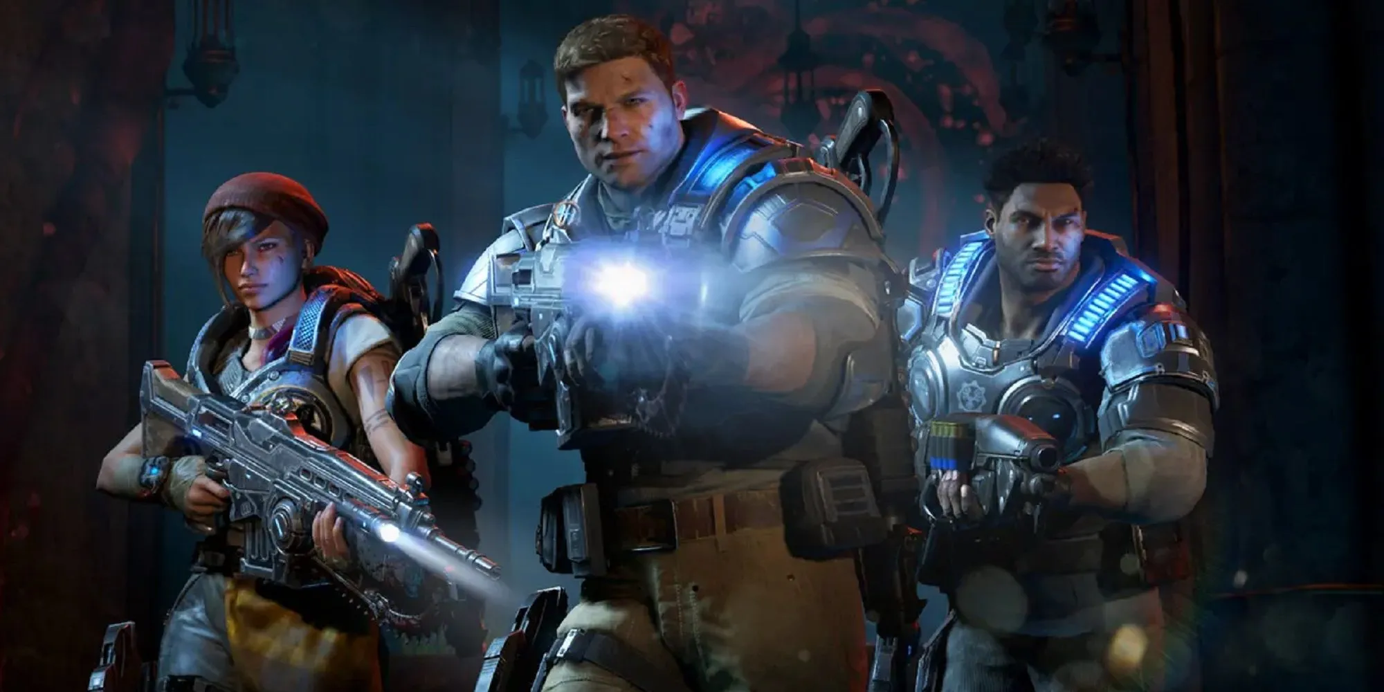 Kait, JD và Dom trong một cảnh hành động của Gears of War 4, minh họa mối liên hệ giữa các thế hệ nhân vật