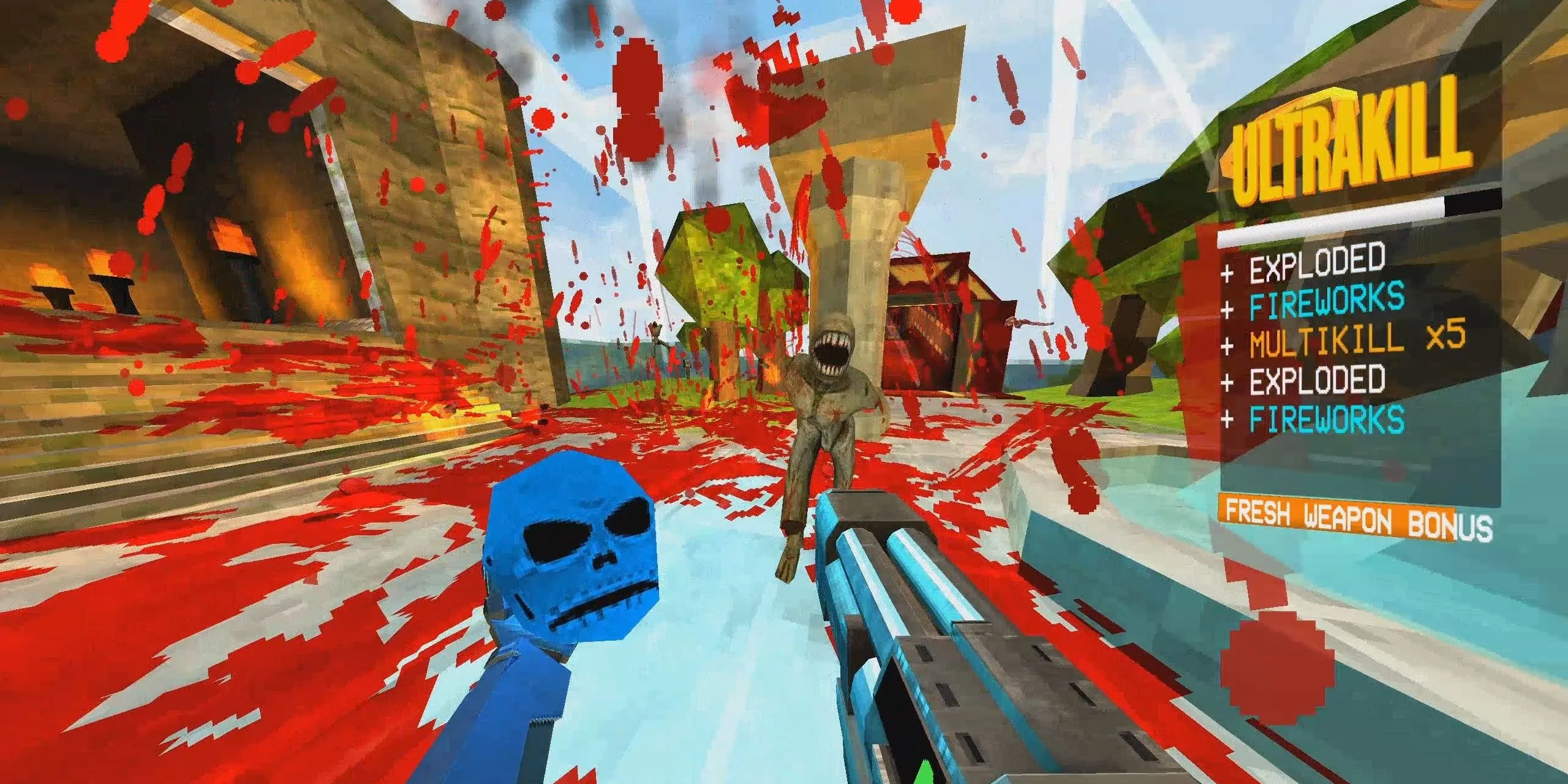 Khoảnh khắc đạt rank tối đa trong Ultrakill với hiệu ứng máu và tốc độ cao