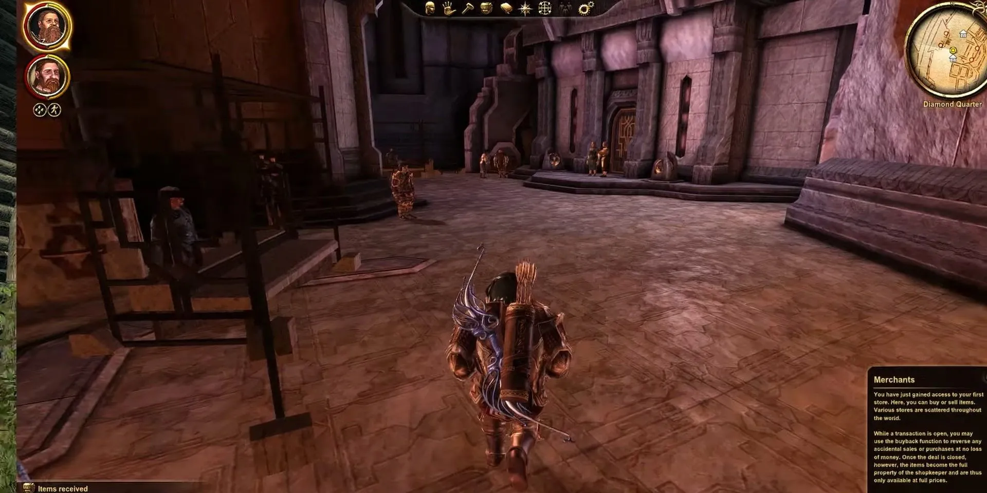 Khung cảnh đi bộ trên phố trong Dragon Age: Origins, nhấn mạnh kiến trúc và không khí chính trị của Thedas