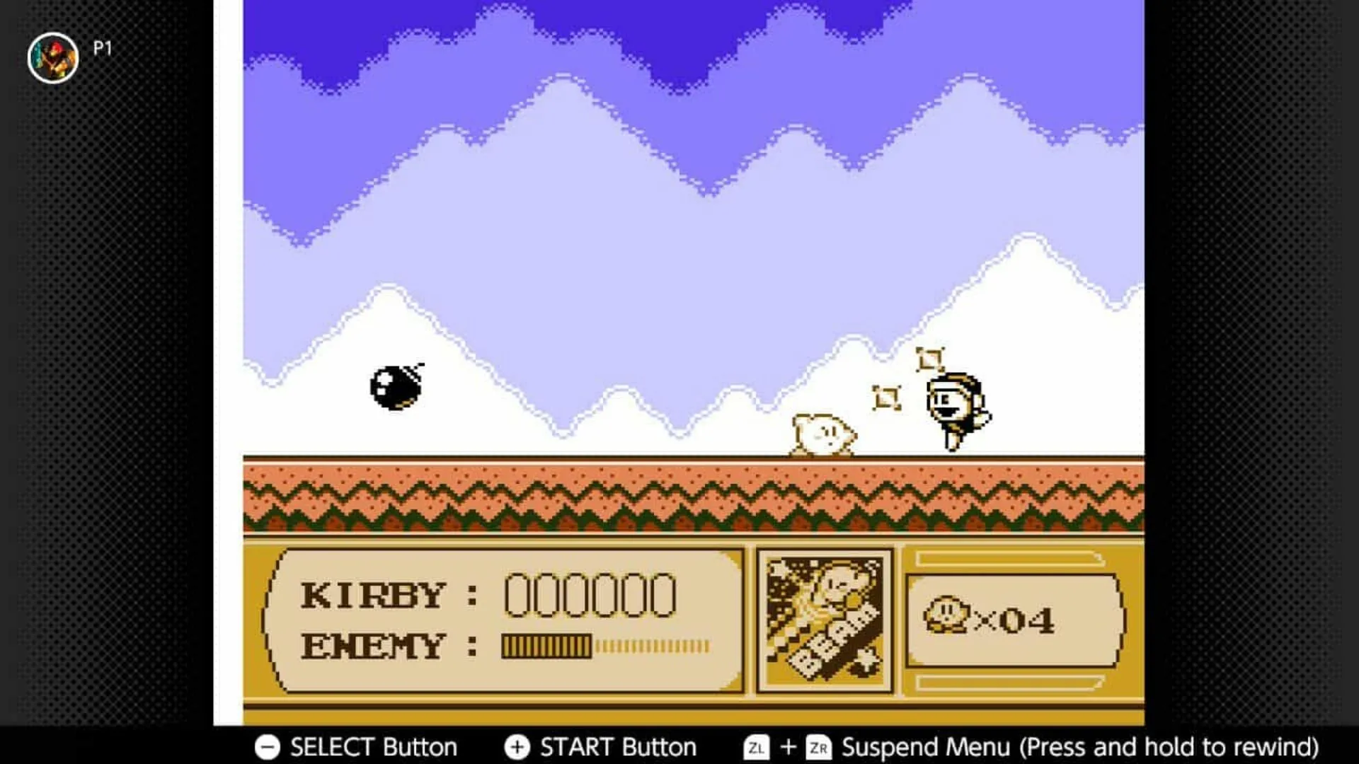 Kirby đang bay và chuyển hóa kỹ năng trong Kirby’s Adventure phiên bản NES
