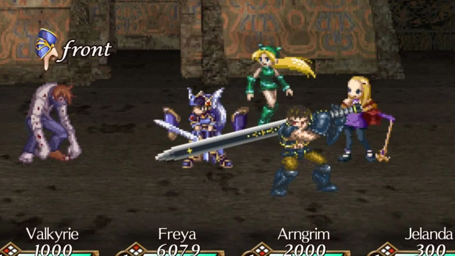 Lenneth trong trận chiến của Valkyrie Profile, ảnh chụp gameplay thể hiện giao diện chiến đấu của bản gốc