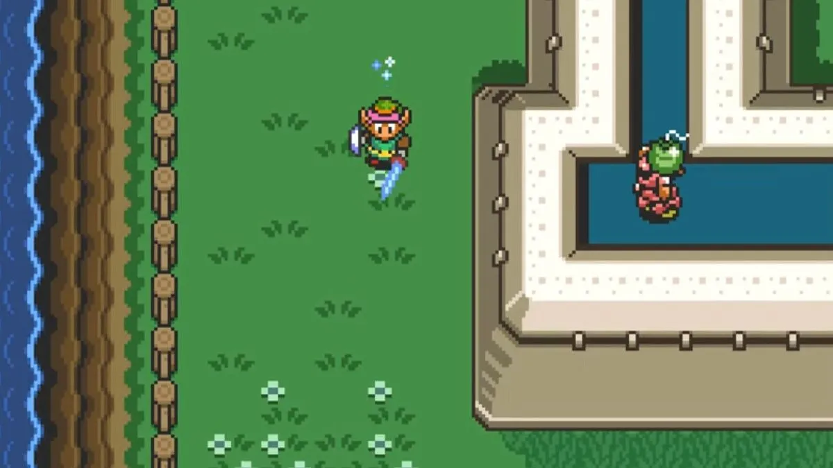 Link sử dụng dash trong A Link to the Past trên SNES: minh họa lối chơi top-down và giải đố môi trường