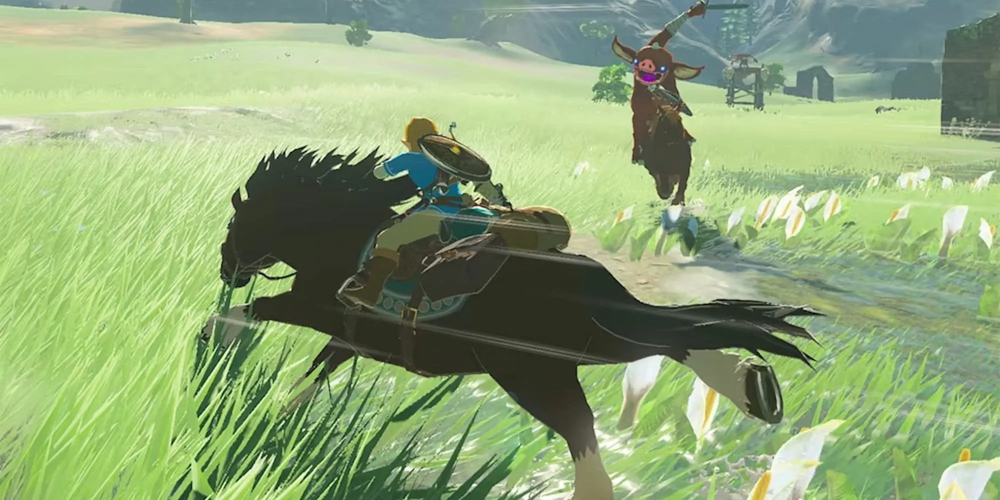 Link tấn công mục tiêu từ yên ngựa trong Breath of the Wild