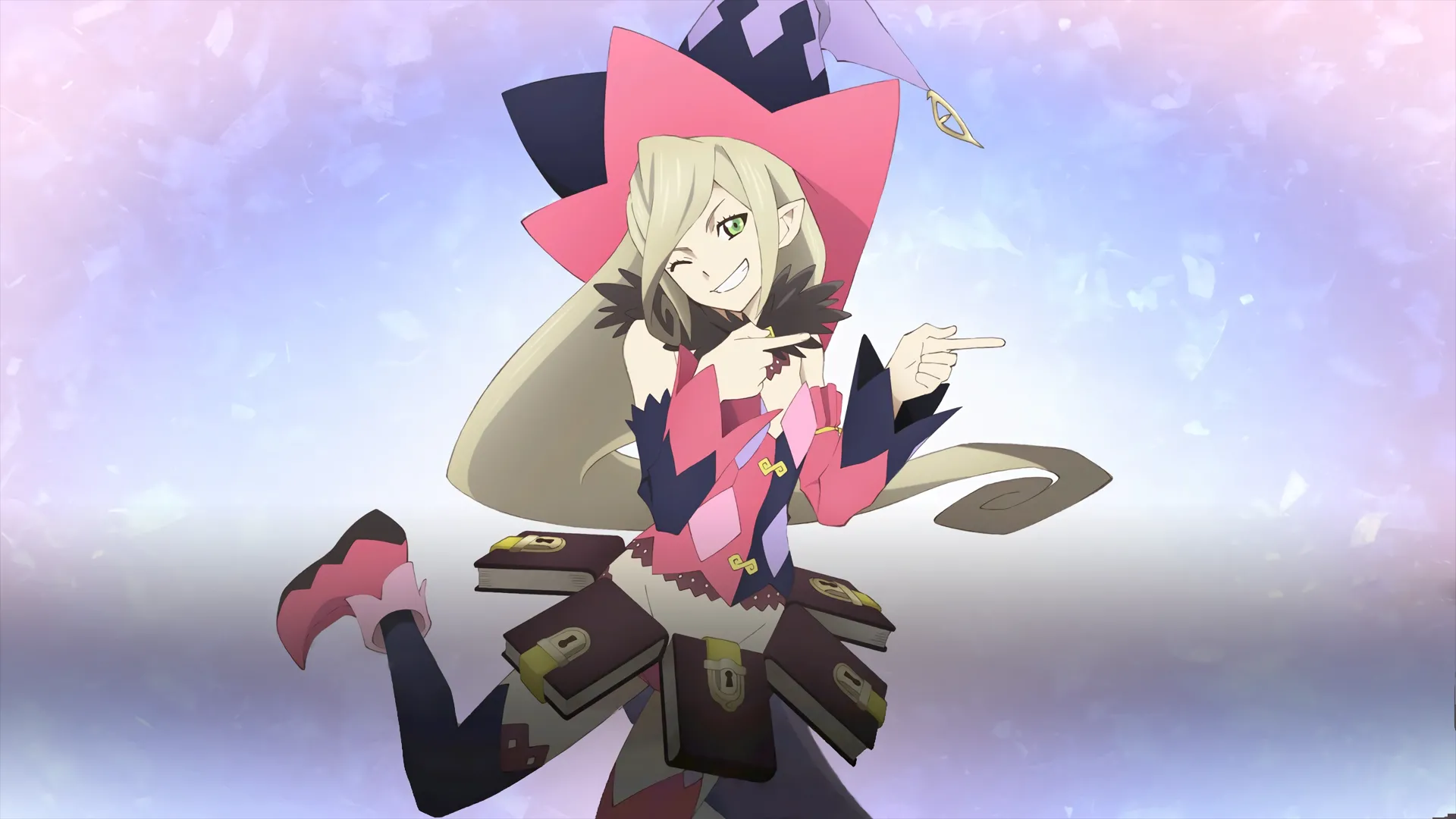 Magilou với chân váy làm từ sách và mũ phù thủy trong Tales of Berseria