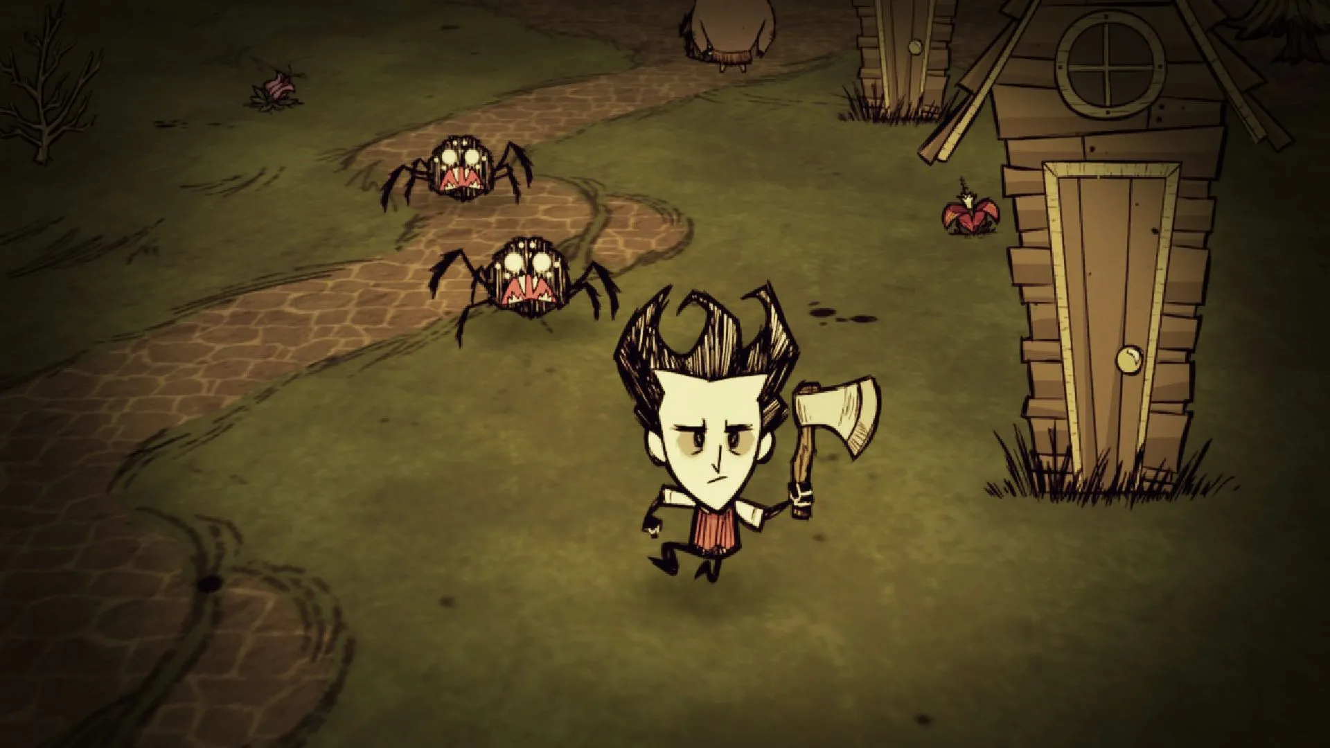 Màn đêm kinh điển trong Don't Starve, nhấn mạnh ánh sáng là yếu tố sống còn trong game sinh tồn này