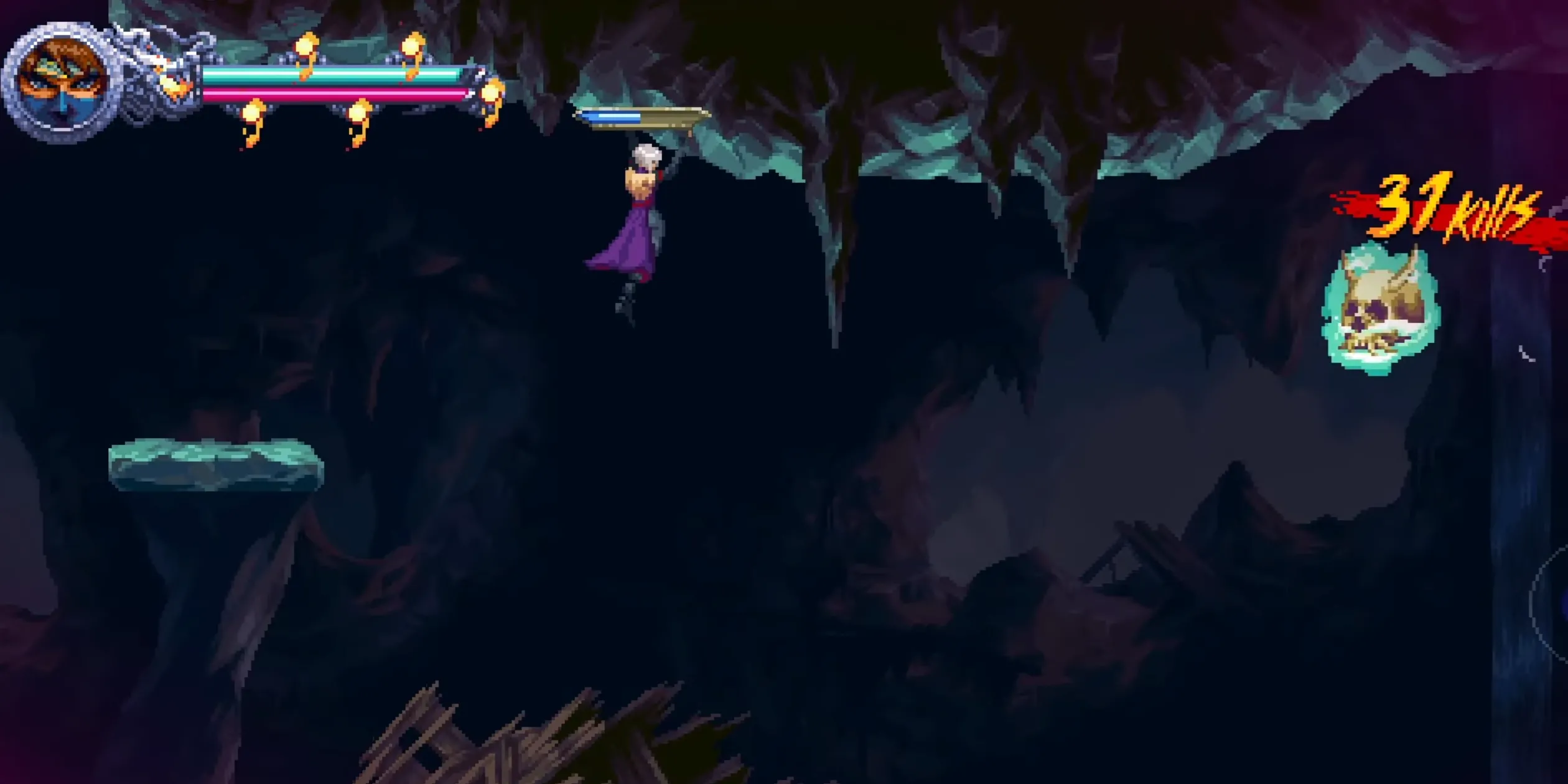 Màn hình Back in the Caves của Ninja Gaiden: nền hang động với thời gian áp lực và kẻ địch lao nhanh